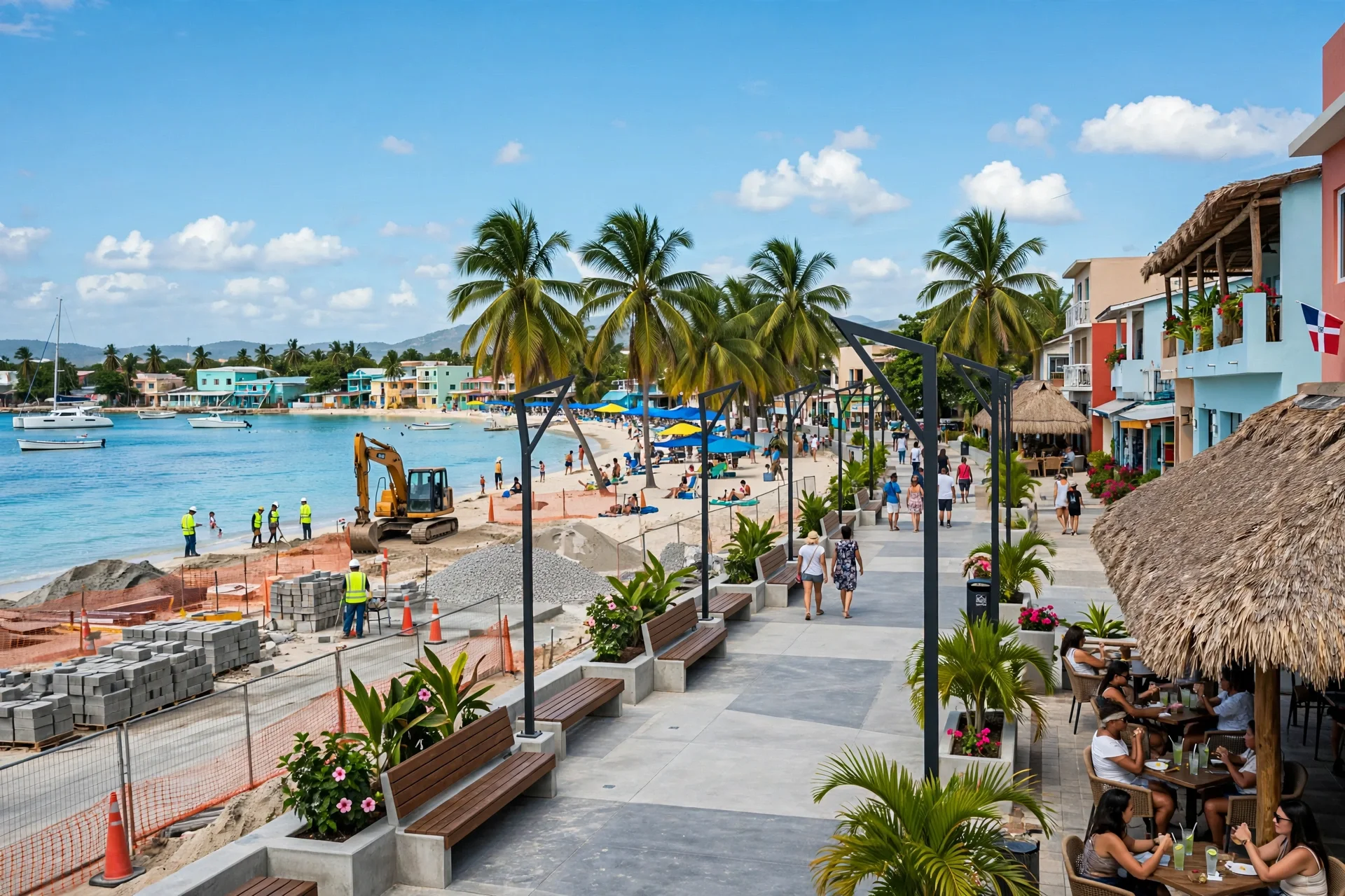 Malecón costero renovado junto a una bahía caribeña, con bancos, palmeras y paseantes, mientras obreros con chalecos y una excavadora trabajan en la playa y restaurantes atienden visitantes a la derecha