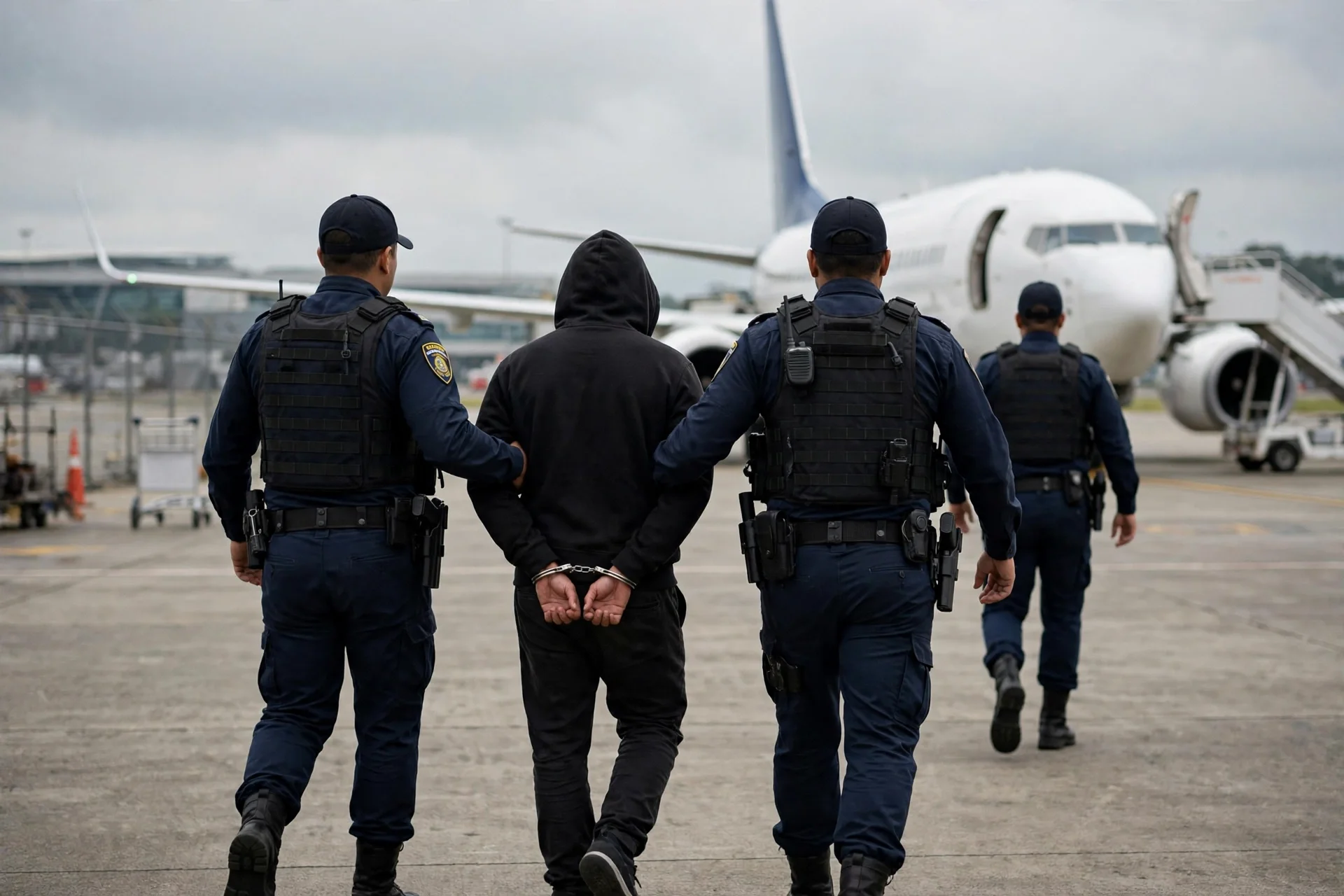 Agentes escoltan de espaldas a una persona esposada hacia un avión en una pista aeroportuaria