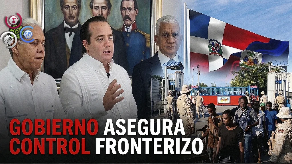 Gráfico sobre el control fronterizo dominicano con el ministro José Ignacio Paliza, la bandera de República Dominicana y militares en un paso fronterizo