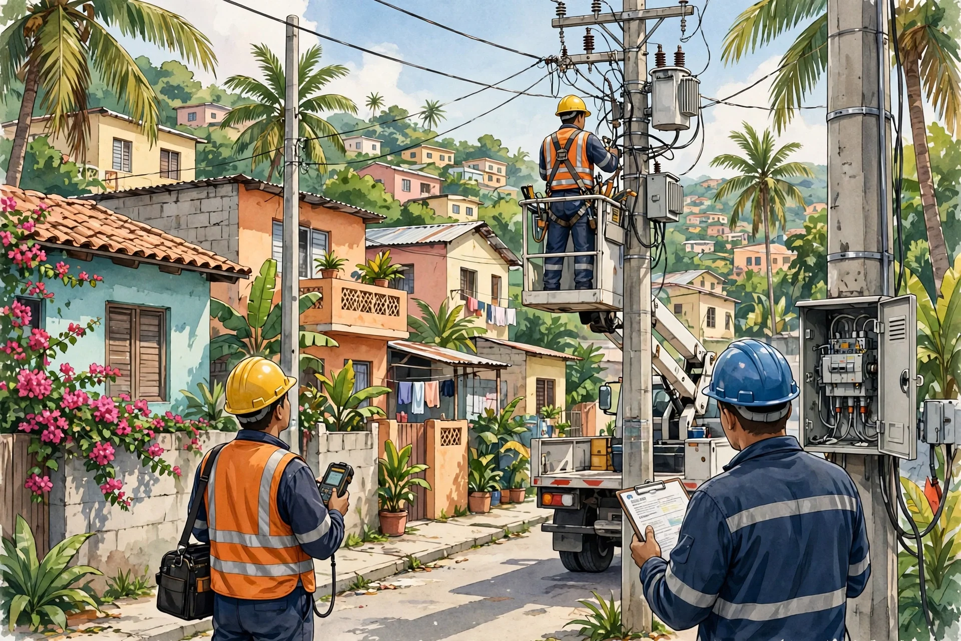 Ilustración de técnicos con casco inspeccionando postes, cables y un medidor eléctrico en una calle de un barrio caribeño colombiano con palmeras y casas de colores.