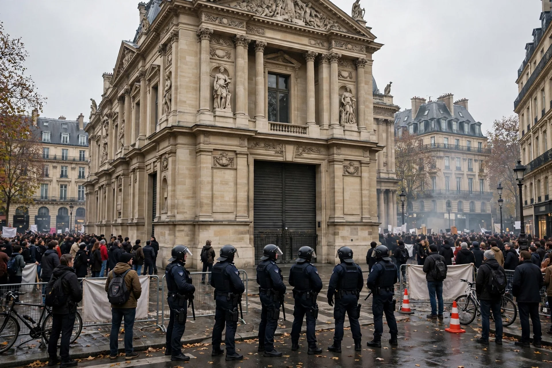 Agentes de policía frente a un museo histórico cerrado en París, con multitud reunida tras vallas en una calle parisina