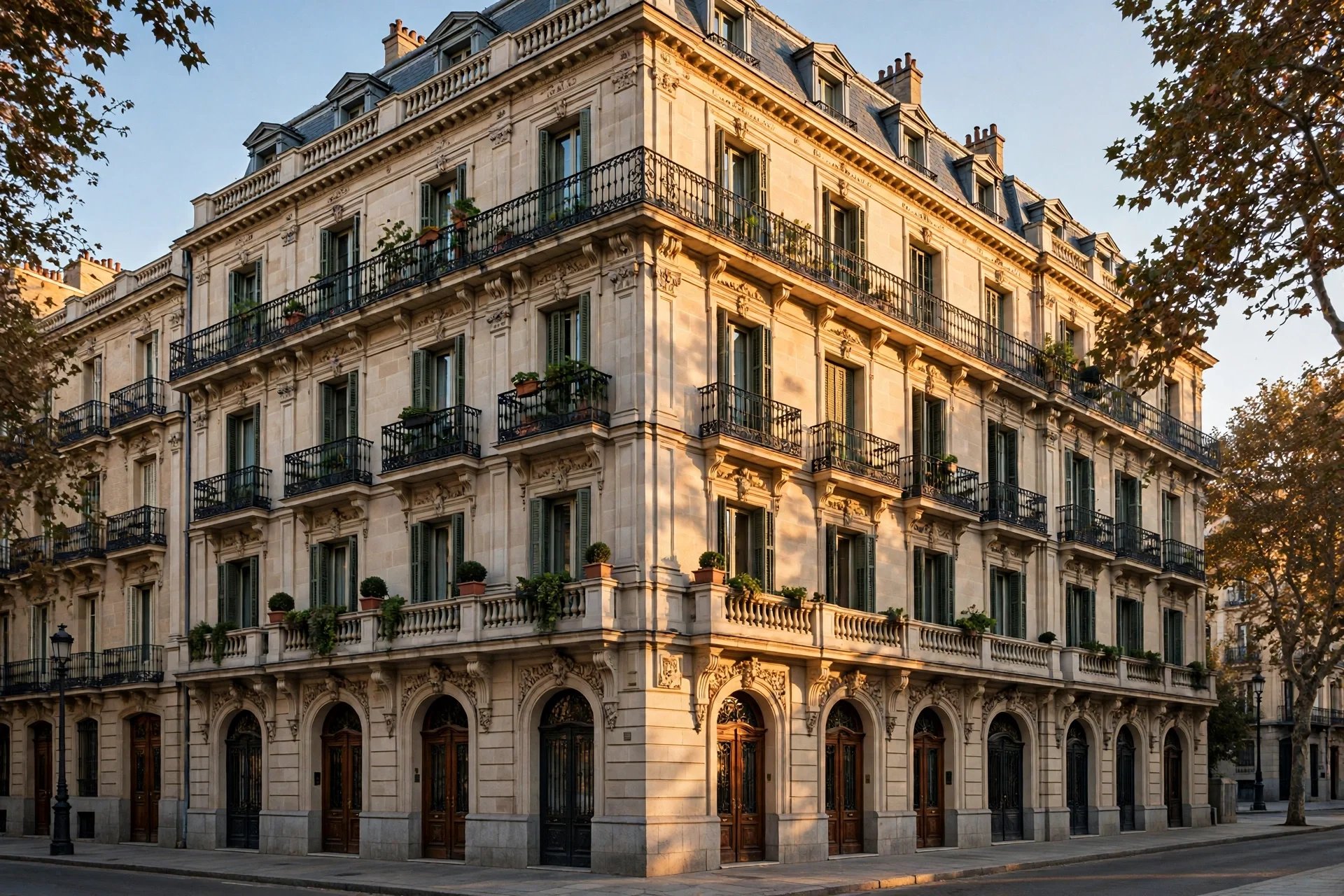 Edificio residencial clásico de fachada de piedra y balcones de hierro en Madrid, a la luz de la tarde