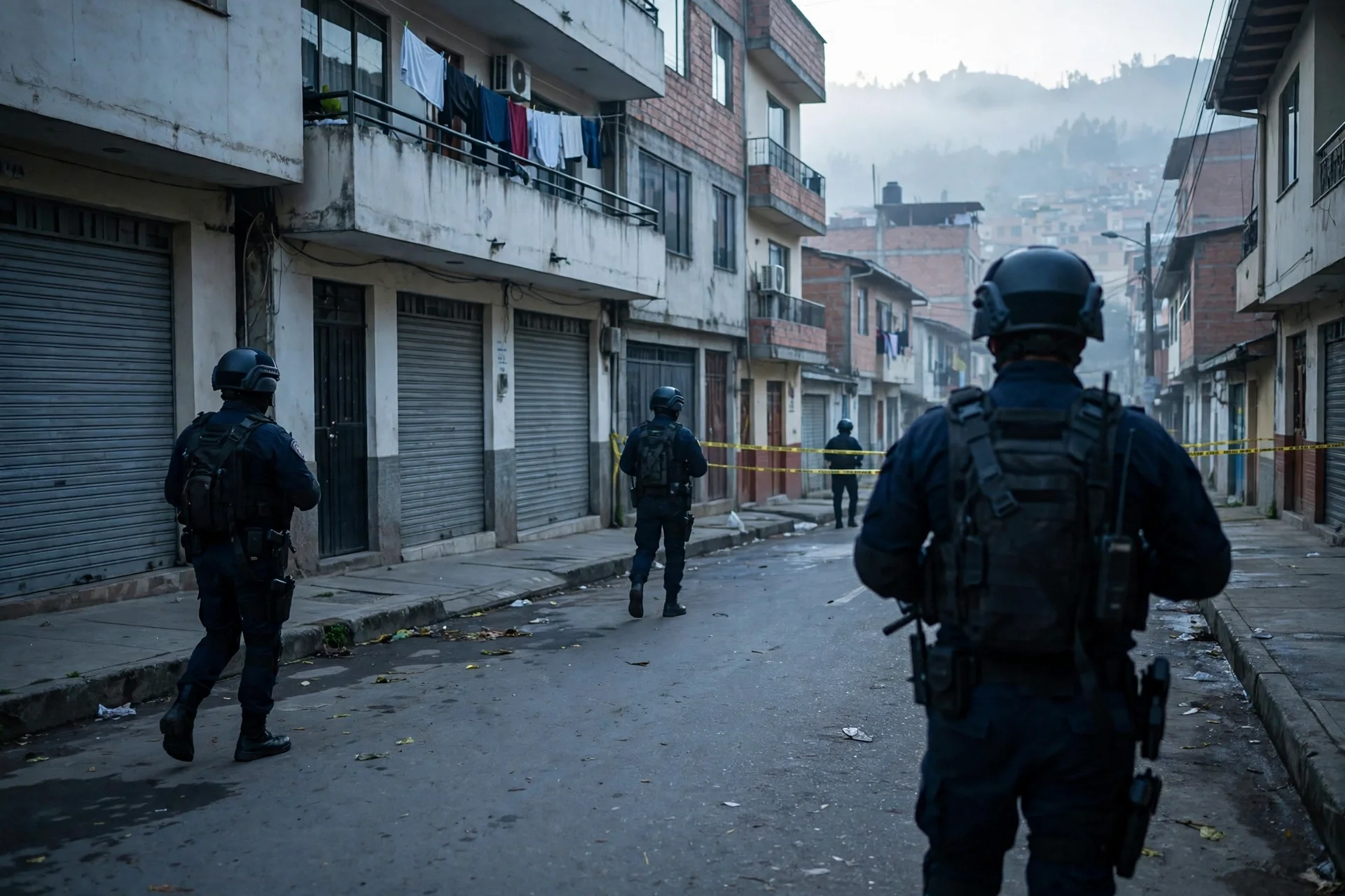 Agentes de seguridad con casco y chaleco avanzan de espaldas por una calle urbana colombiana al amanecer, junto a una cinta de acordonamiento