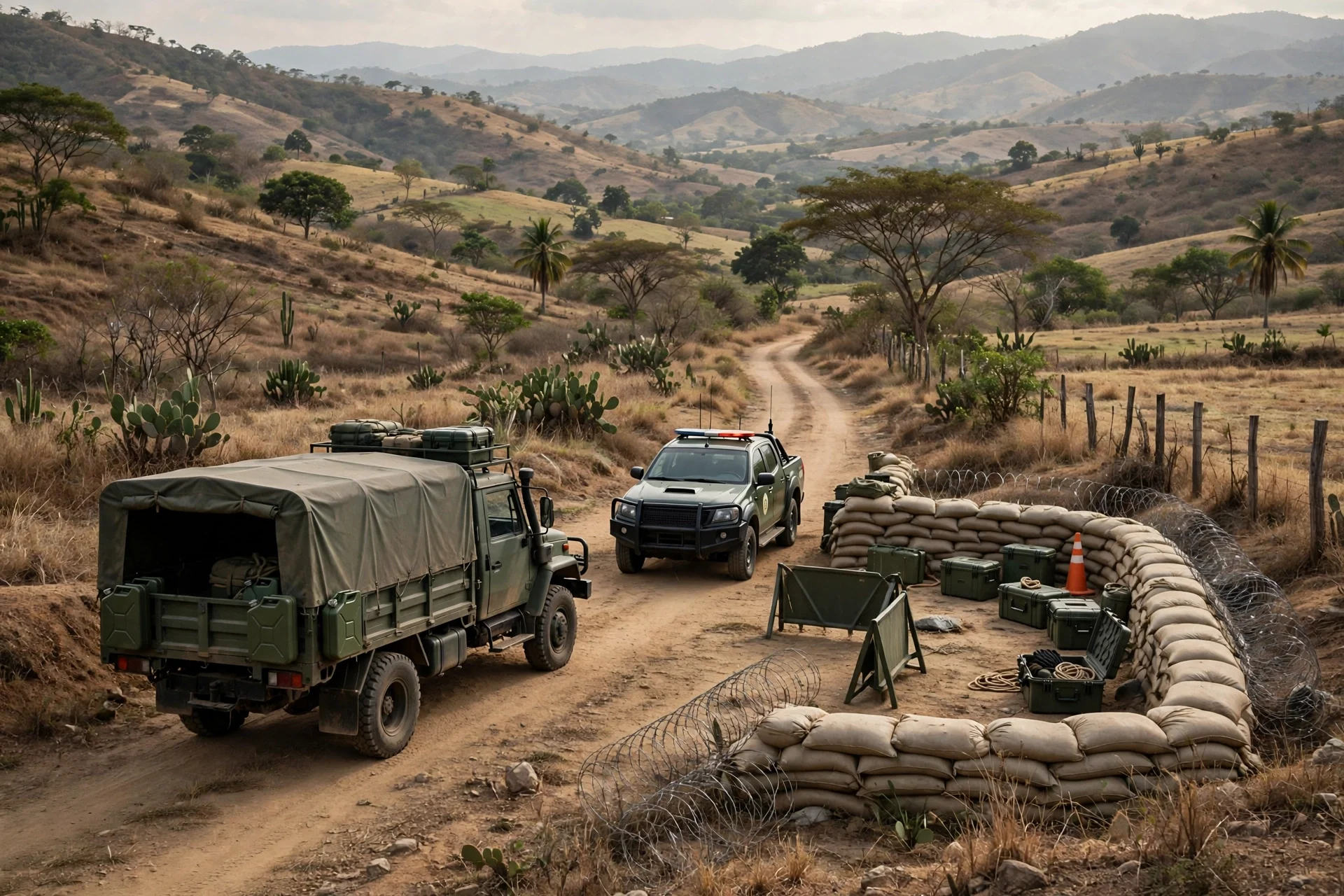 Camión militar y camioneta policial junto a un puesto de control con sacos de arena en un camino rural de tierra entre colinas secas