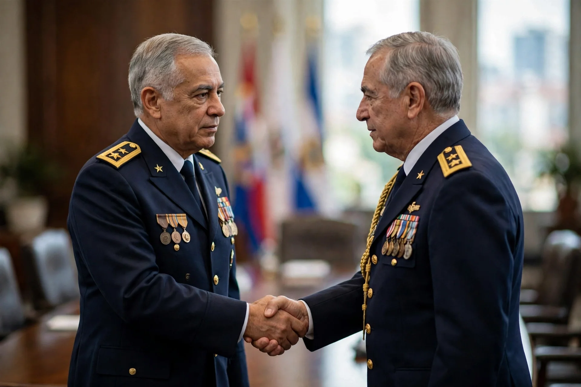 Oficiales militares de alto rango estrechándose la mano en una sala formal de reuniones gubernamentales