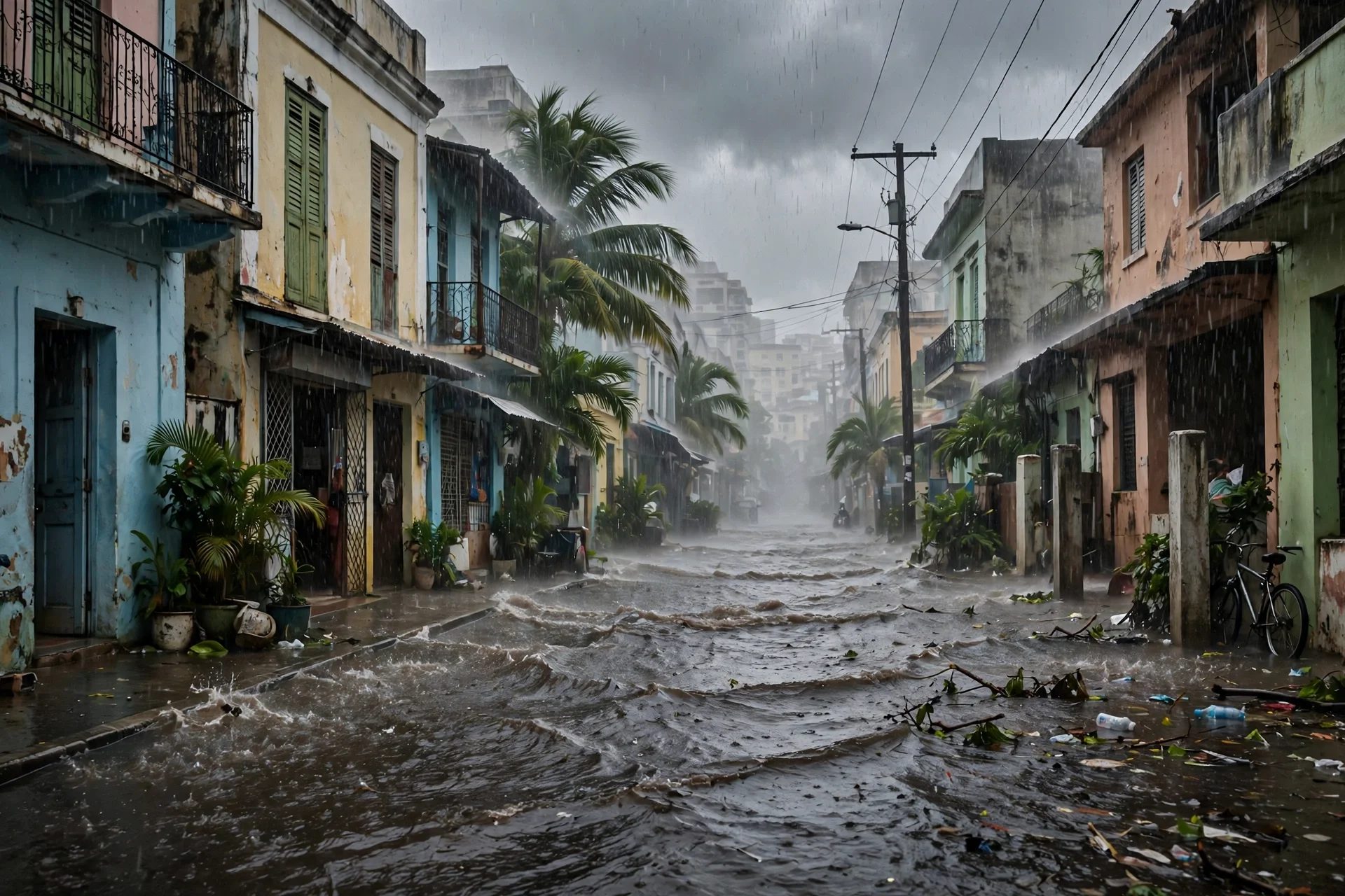 Calle inundada bajo lluvia intensa en una ciudad caribeña, con palmeras, viviendas de colores y cielos grises
