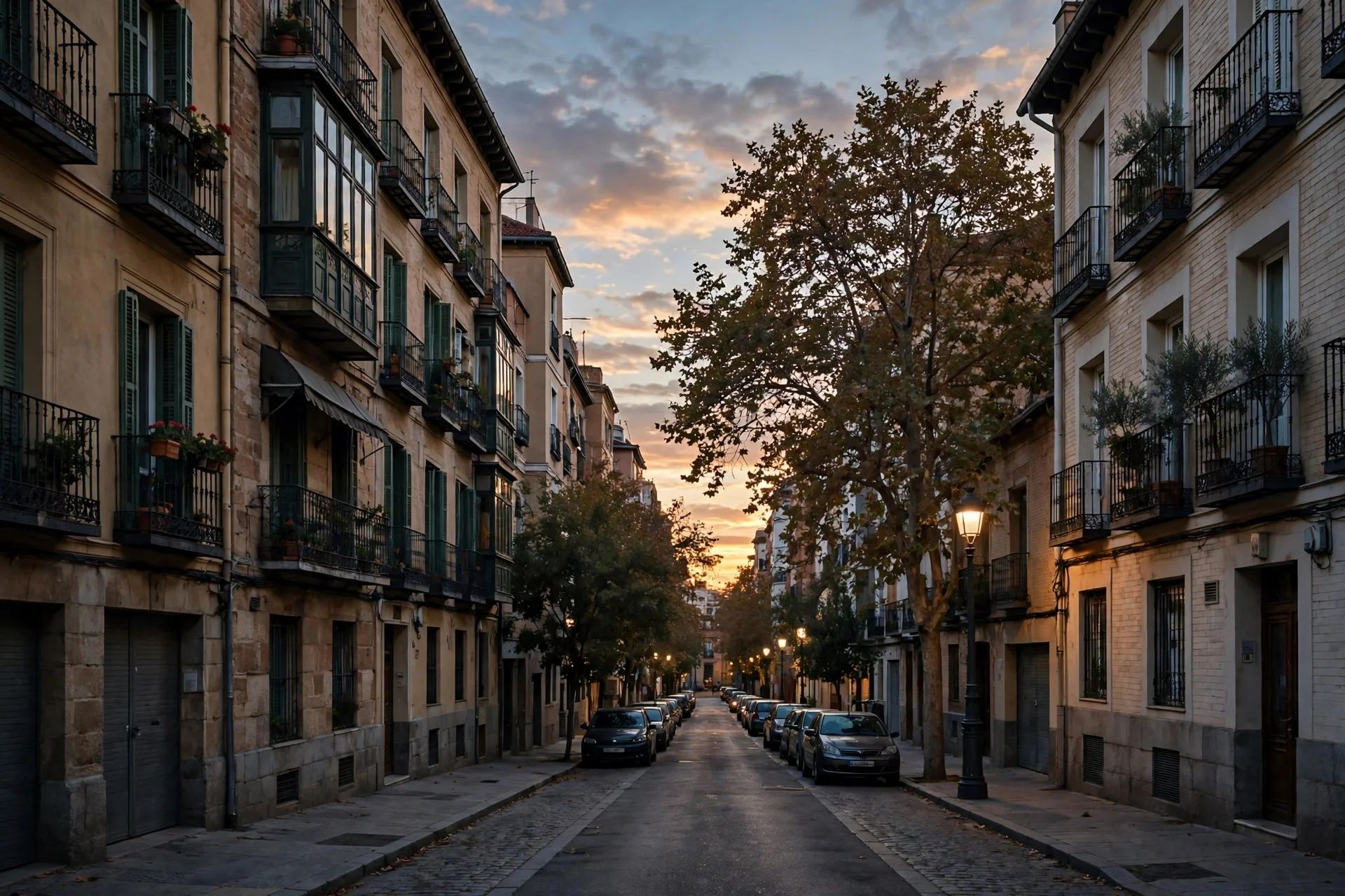 Calle residencial de Madrid al atardecer, con edificios de viviendas, balcones y coches aparcados, sin personas