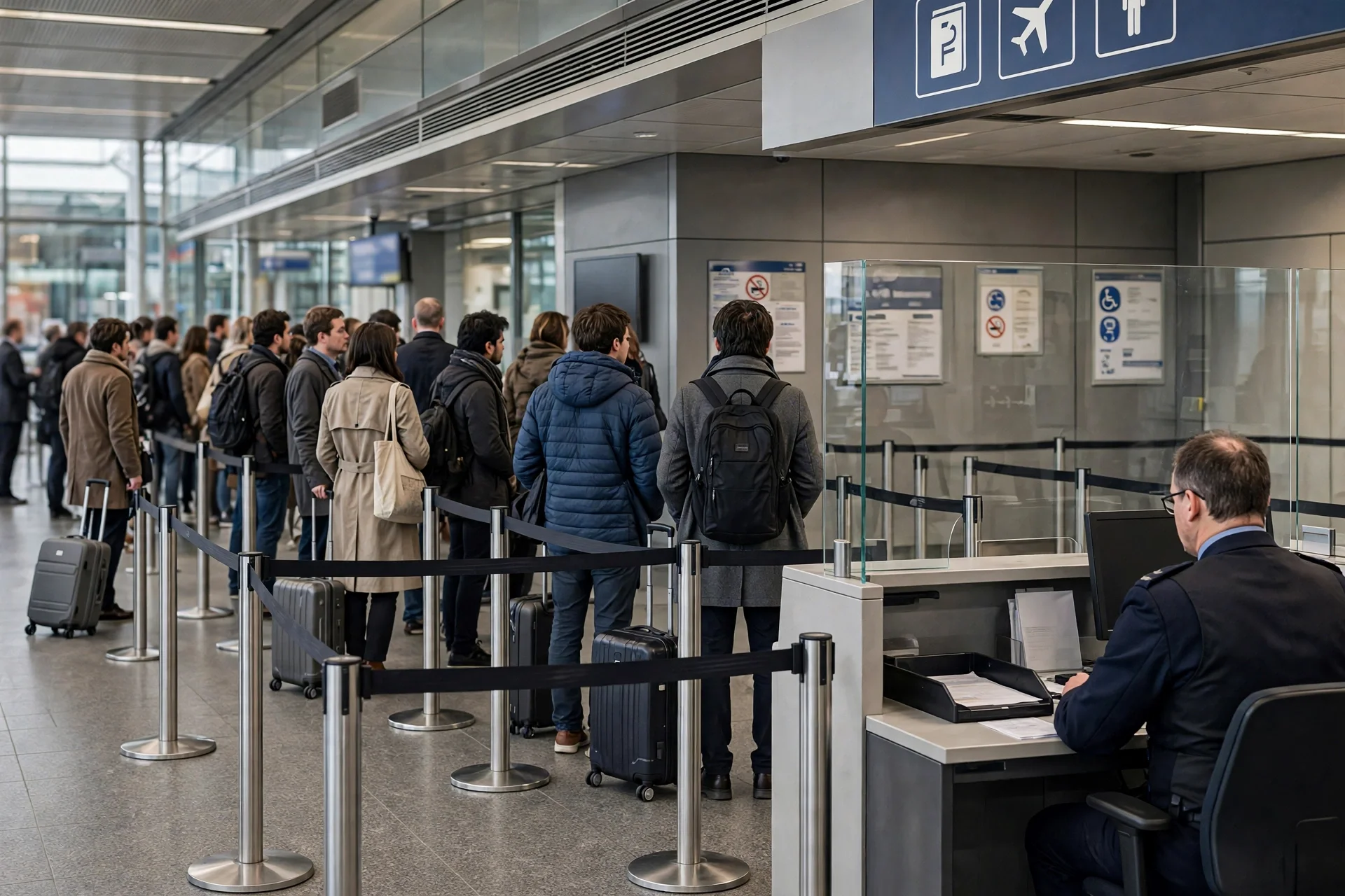 Mostrador de control de pasaportes en un aeropuerto británico con viajeros esperando en fila de forma ordenada