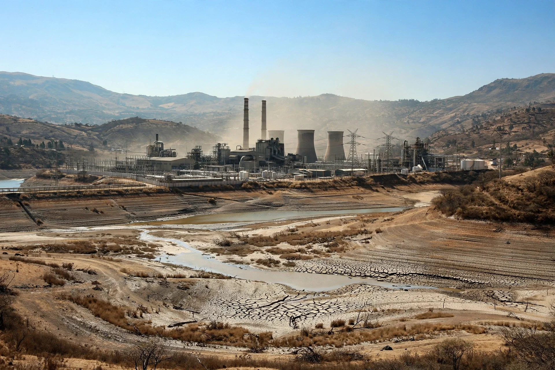 Planta térmica junto a un embalse seco con tierra agrietada bajo cielo despejado