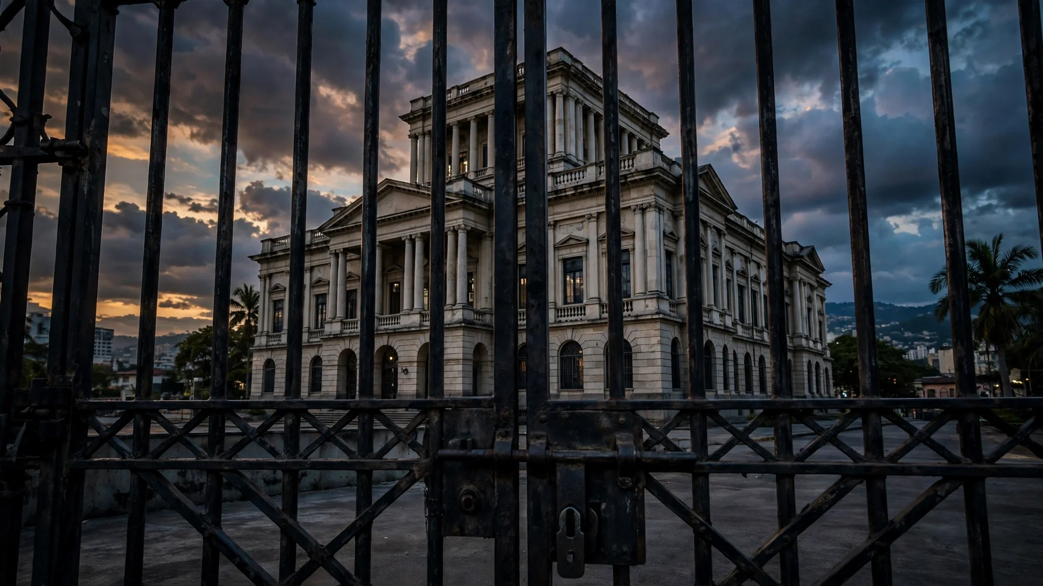 Tribunal y rejas de prisión al atardecer en San Salvador, imagen alusiva a las condenas contra la MS-13