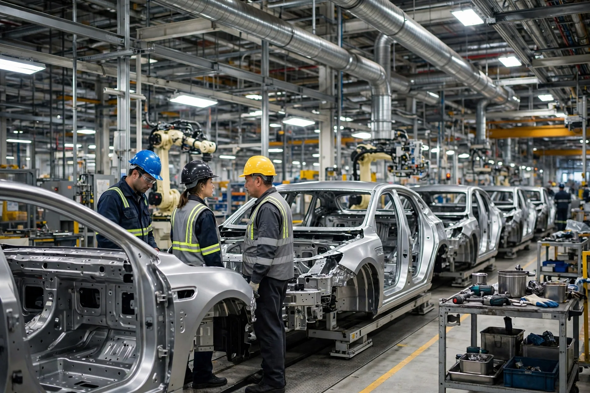 Trabajadores con casco junto a carrocerías en una línea de ensamblaje automotriz moderna