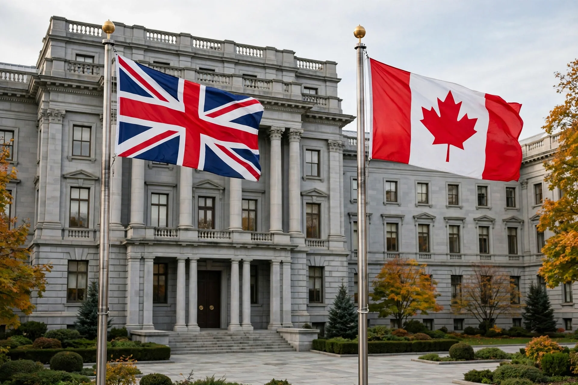 Edificio gubernamental de piedra con las banderas del Reino Unido y de Canadá ondeando en primer plano
