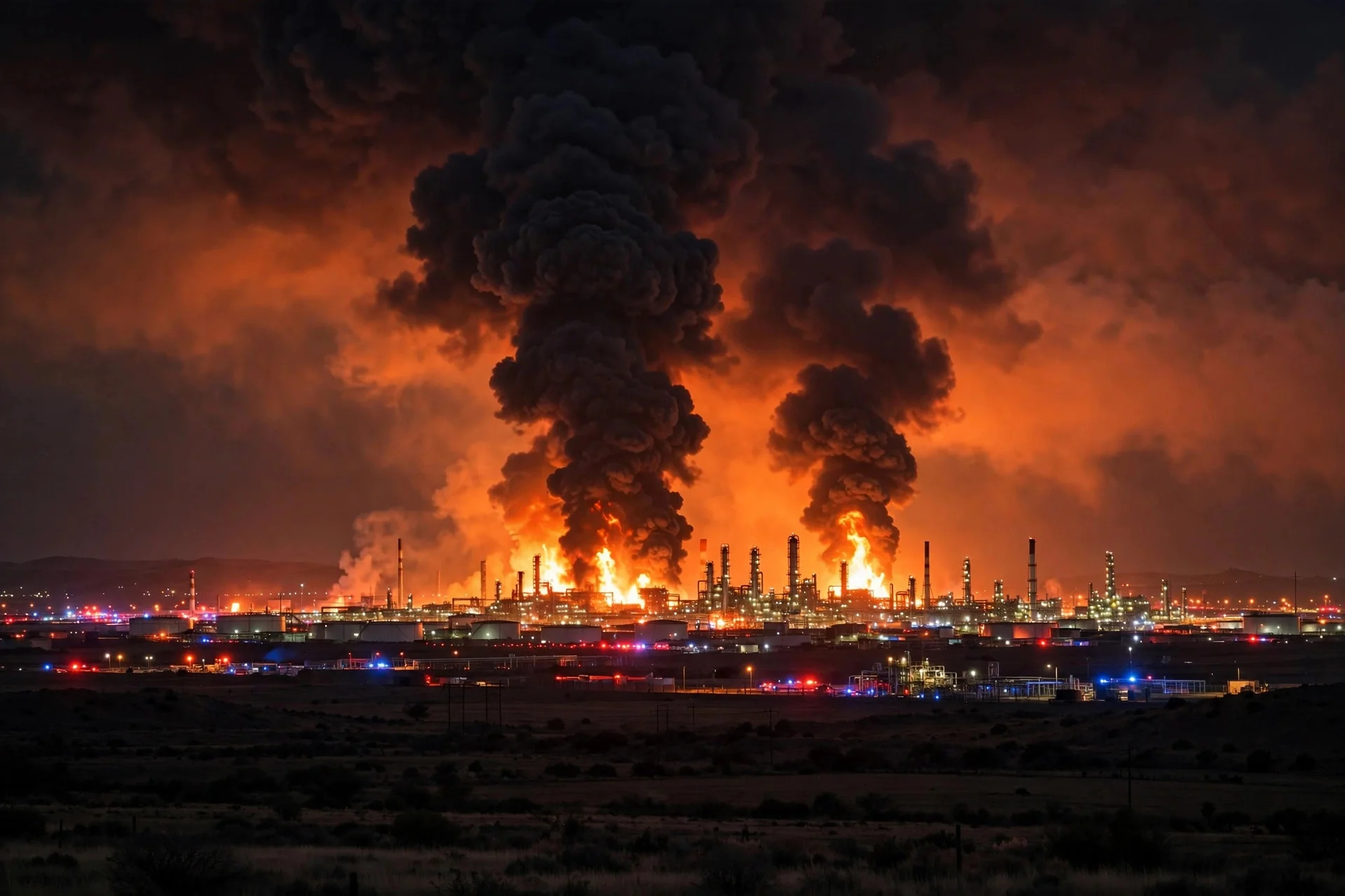 Refinería de petróleo en llamas durante la noche con columnas de humo negro, ilustración alusiva a los ataques ucranianos contra refinerías rusas