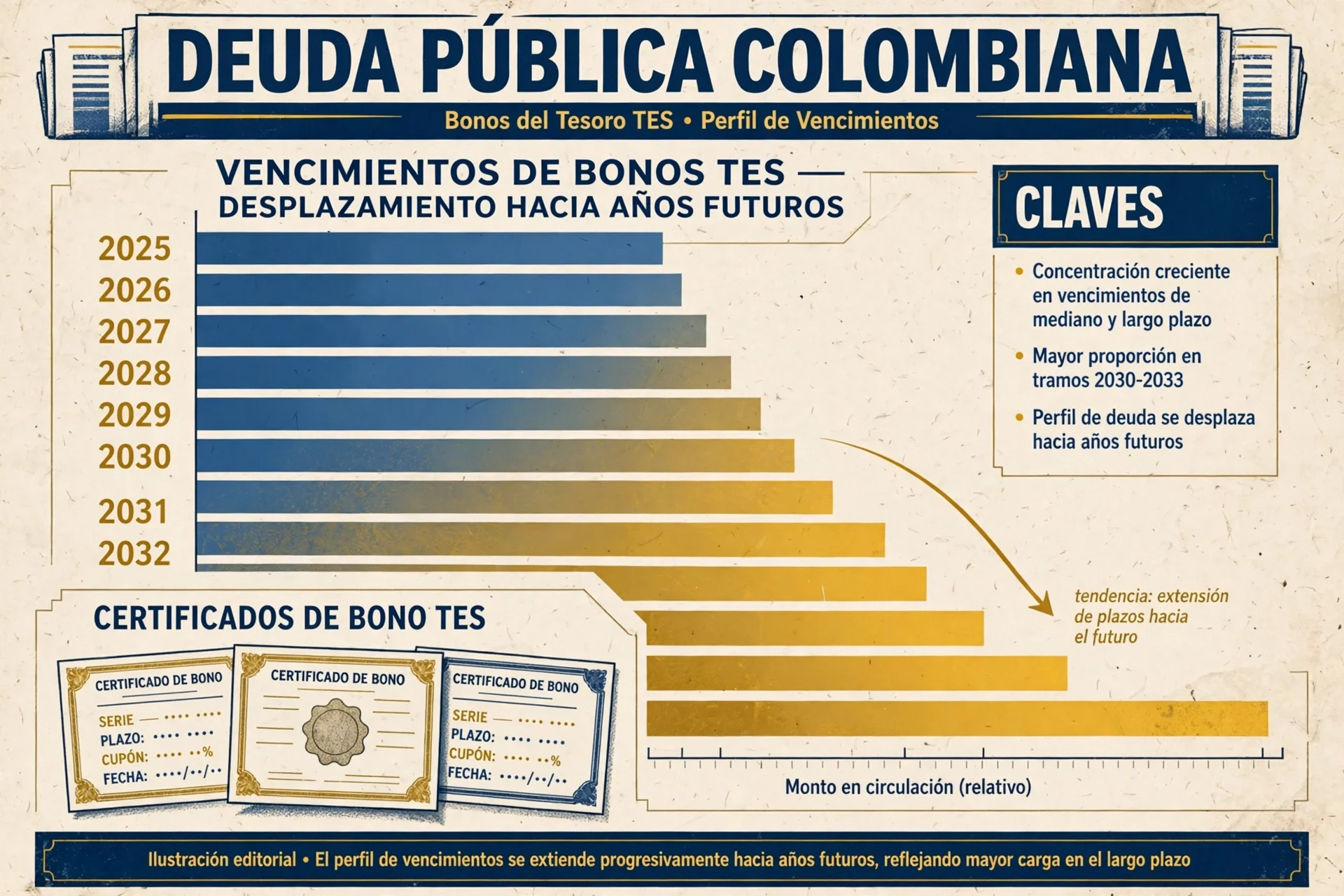 Ilustración de certificados de bonos del Tesoro TES y una gráfica de vencimientos de la deuda pública colombiana que se desplaza hacia años futuros