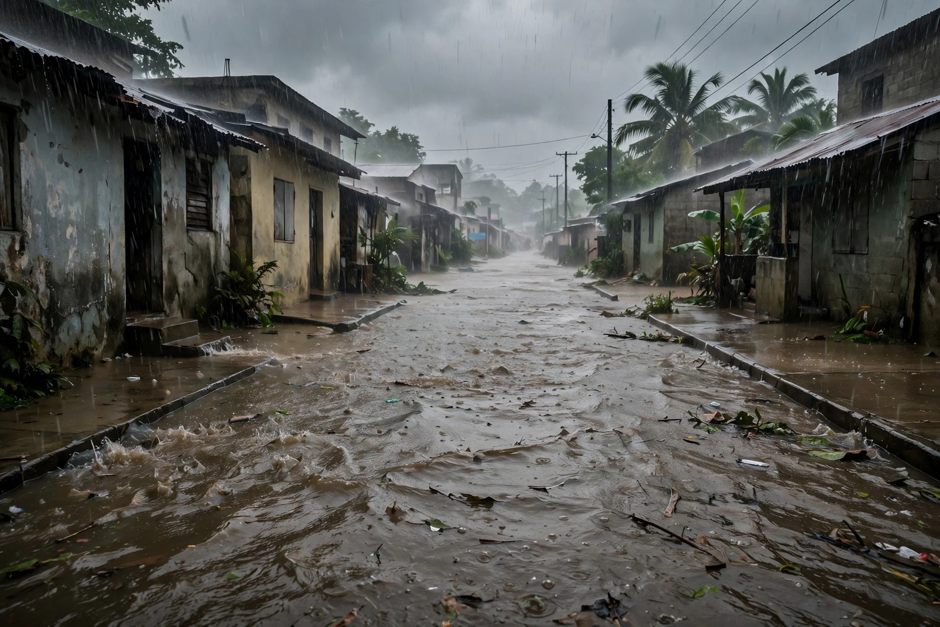 Calle de un barrio caribeño inundada por lluvias intensas, con agua marrón cubriendo la calzada hasta las aceras, casas bajas a ambos lados y palmeras bajo un cielo plomizo