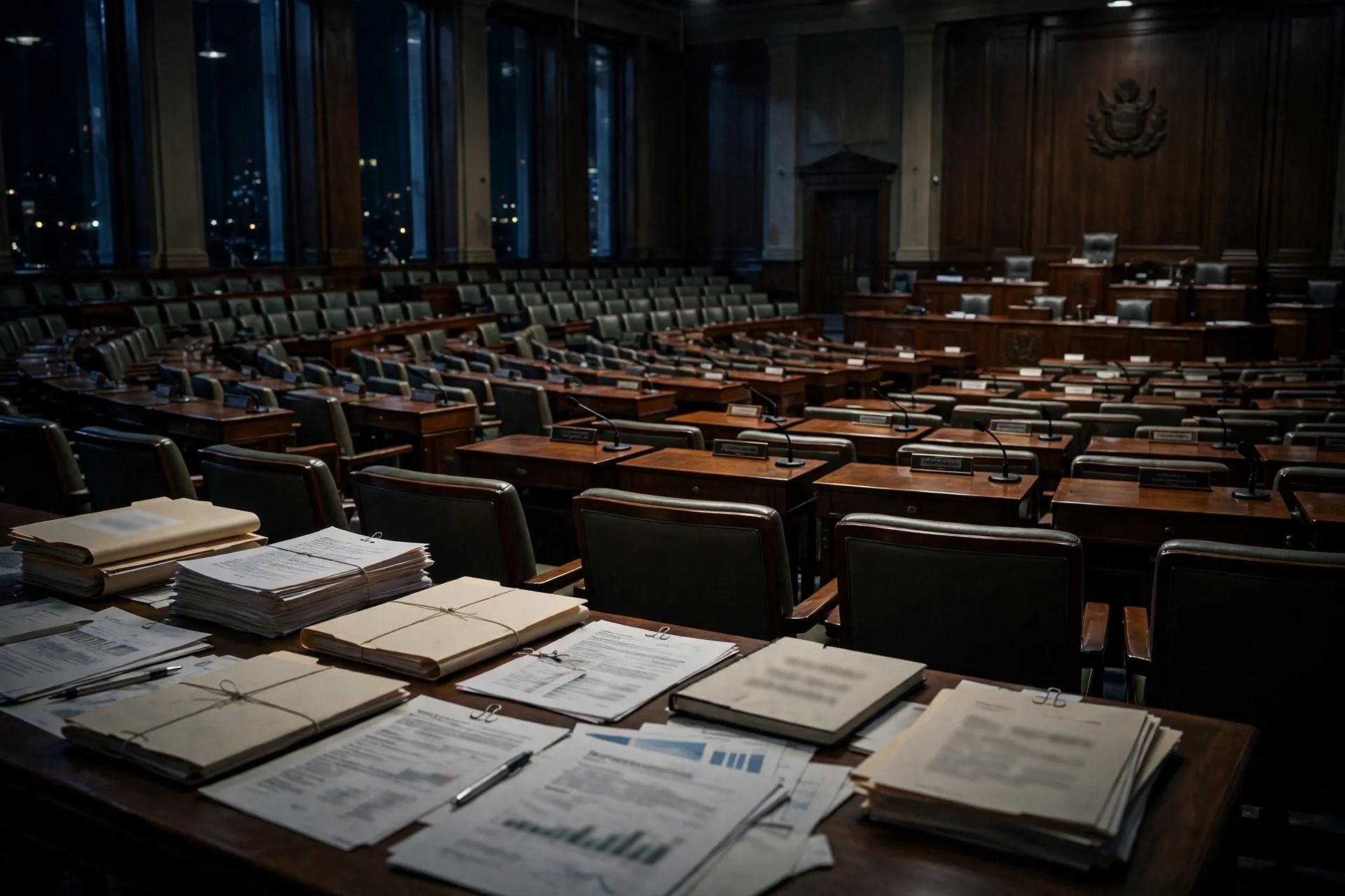 Salón de sesiones de un congreso vacío de noche, con filas de curules y documentos presupuestarios sobre las mesas