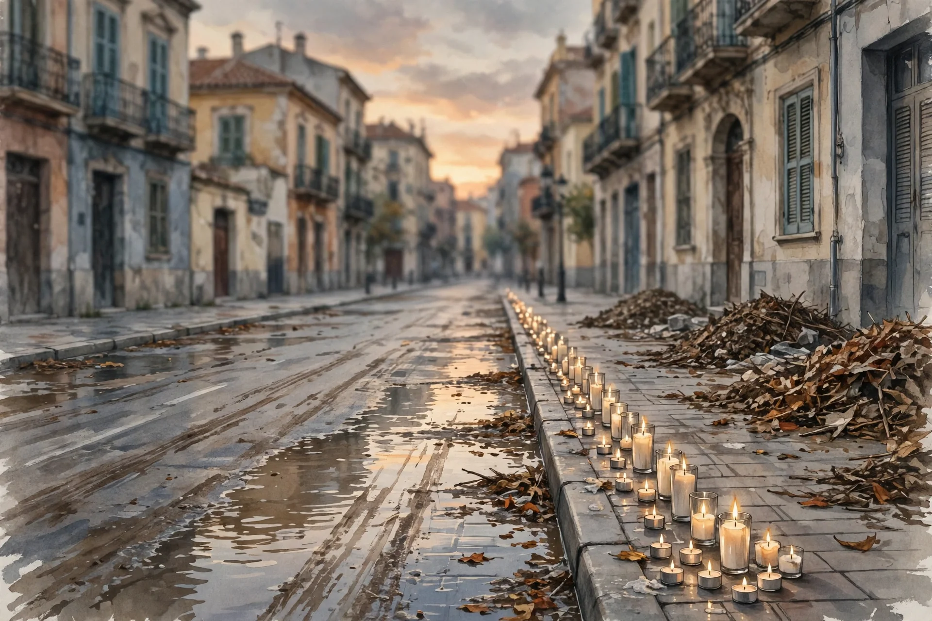Ilustración de una calle vacía de Valencia al atardecer con velas de homenaje alineadas en la acera