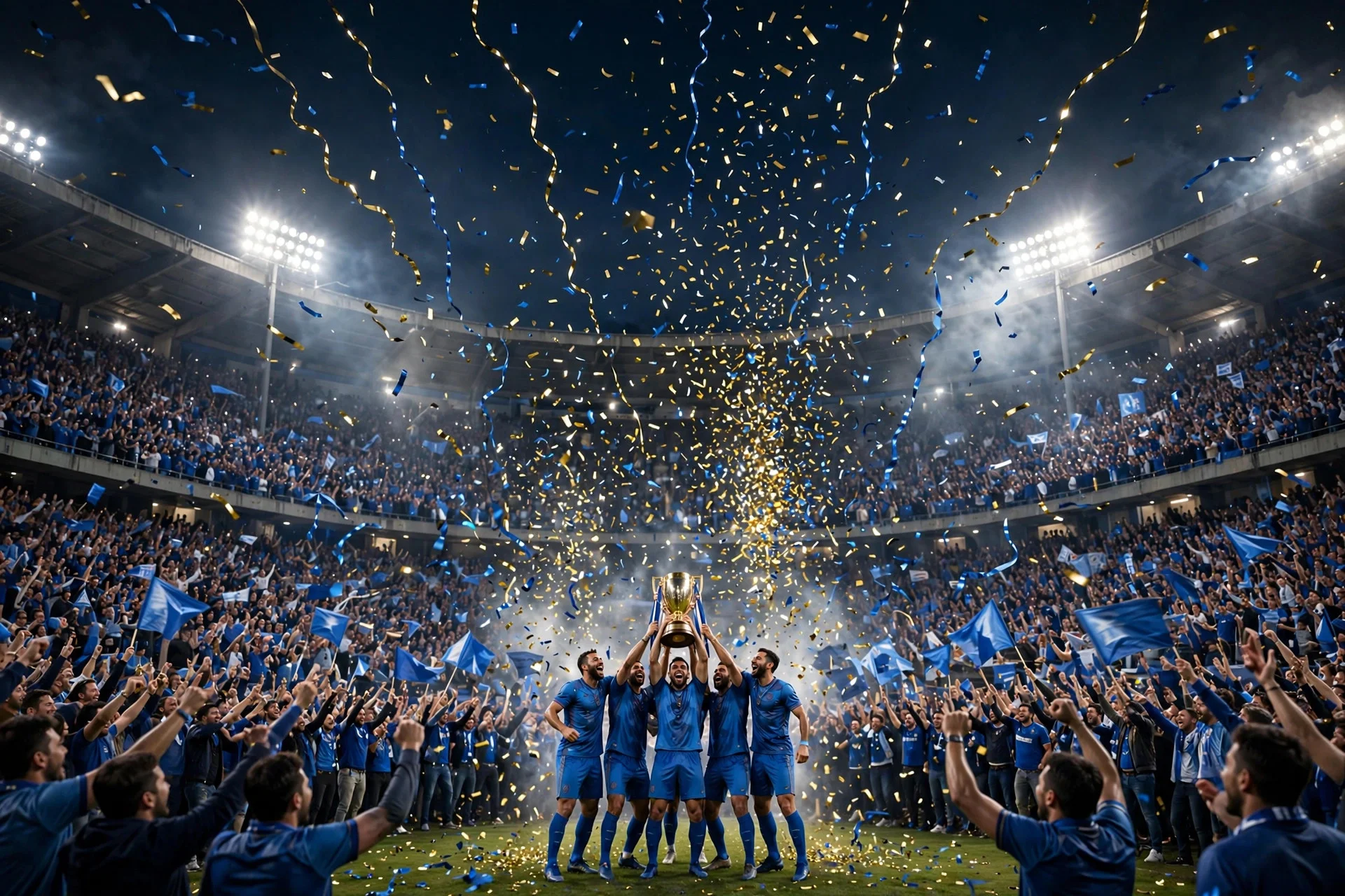 Jugadores con camiseta azul levantando un trofeo dorado en un estadio repleto de noche, con confeti dorado y azul en el aire