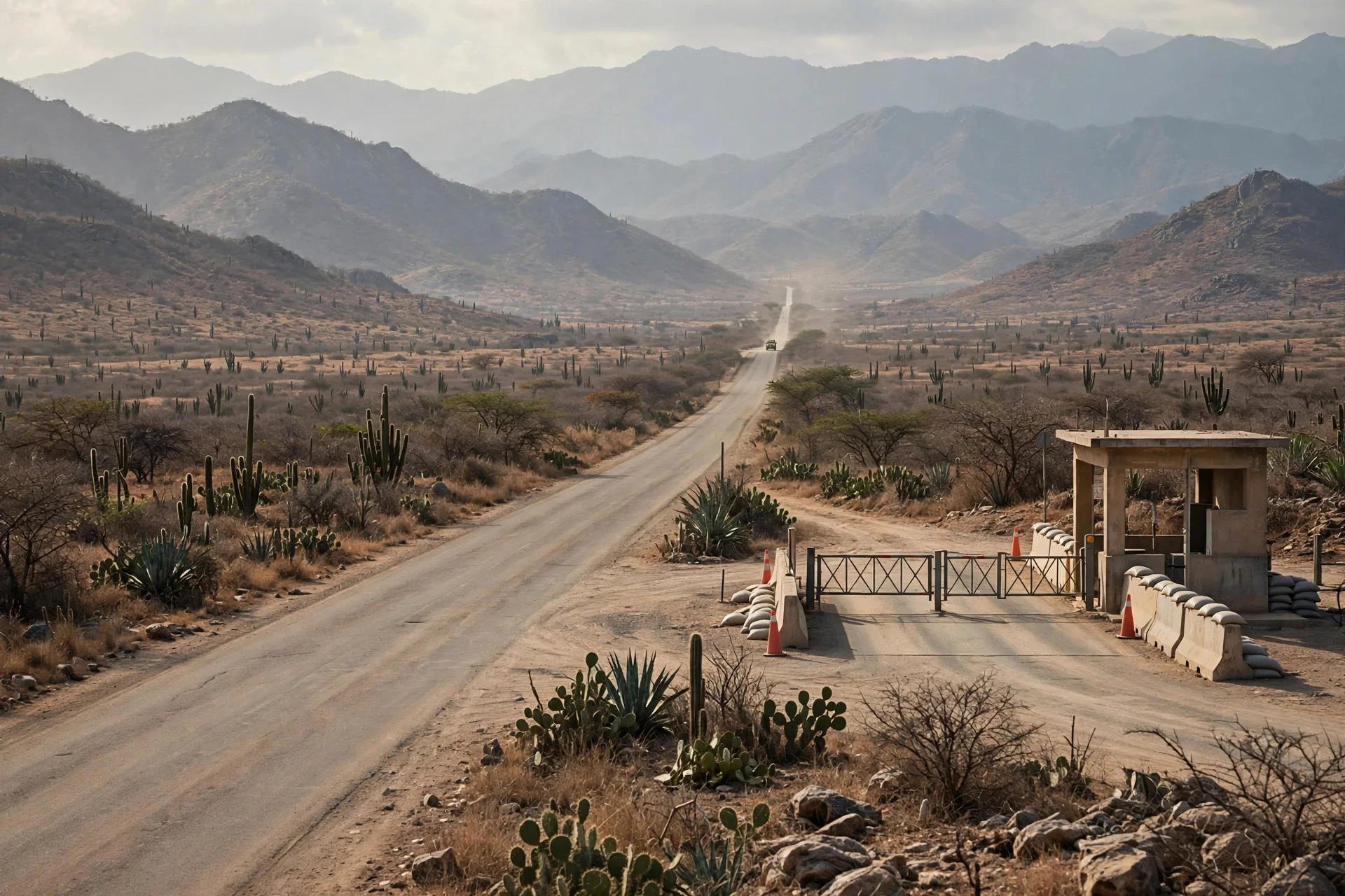 Carretera fronteriza y puesto de control en un paisaje seco del Caribe