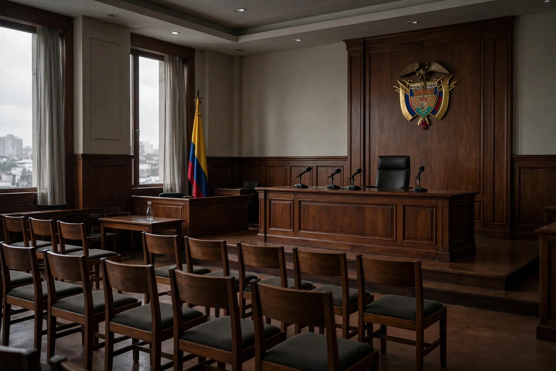 Sala de audiencia judicial vacía en Colombia con estrado de madera, micrófonos y sillas para las víctimas bajo una luz sobria
