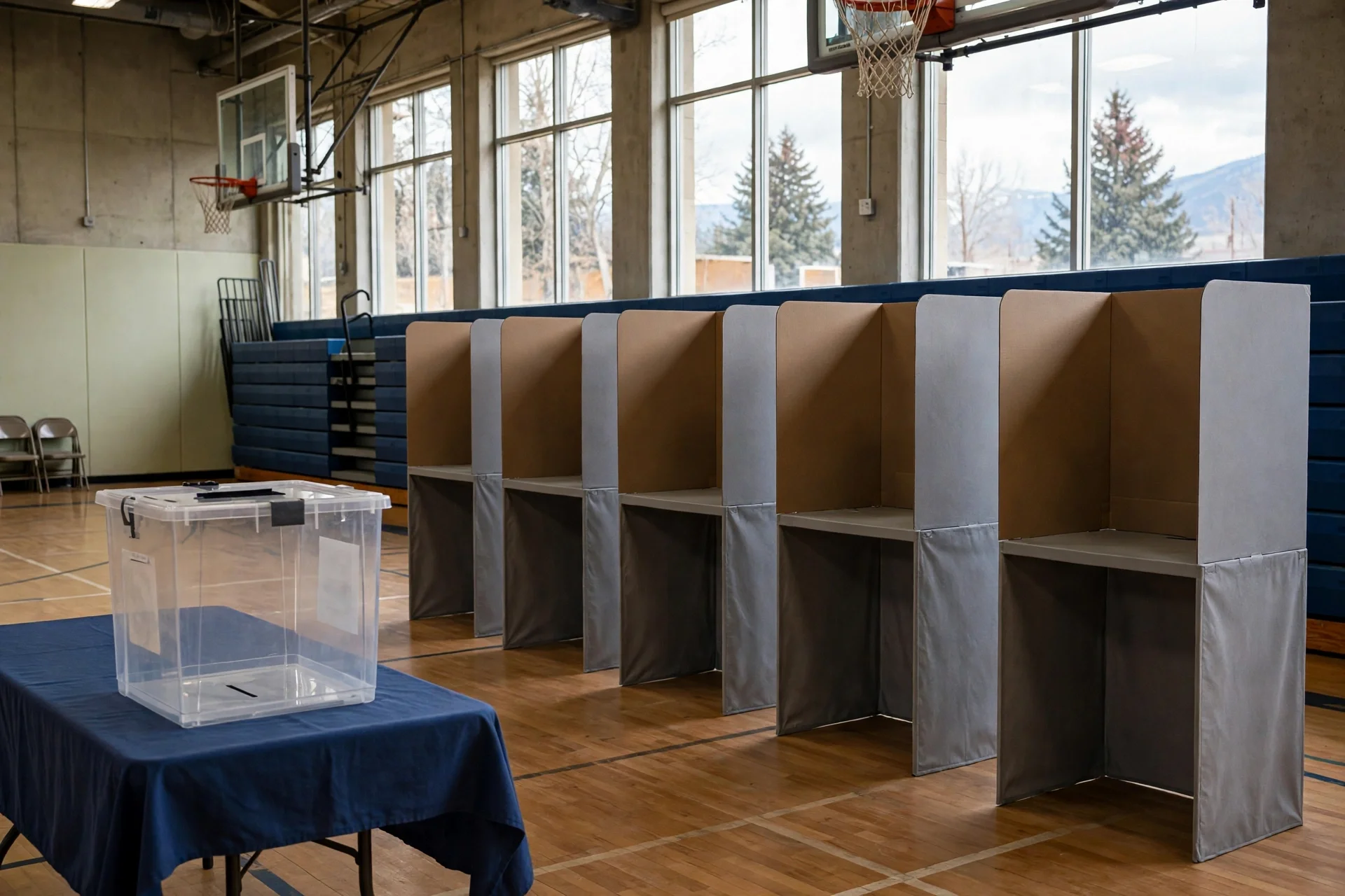 Cabinas de votación vacías y una urna transparente en un gimnasio comunitario de Idaho