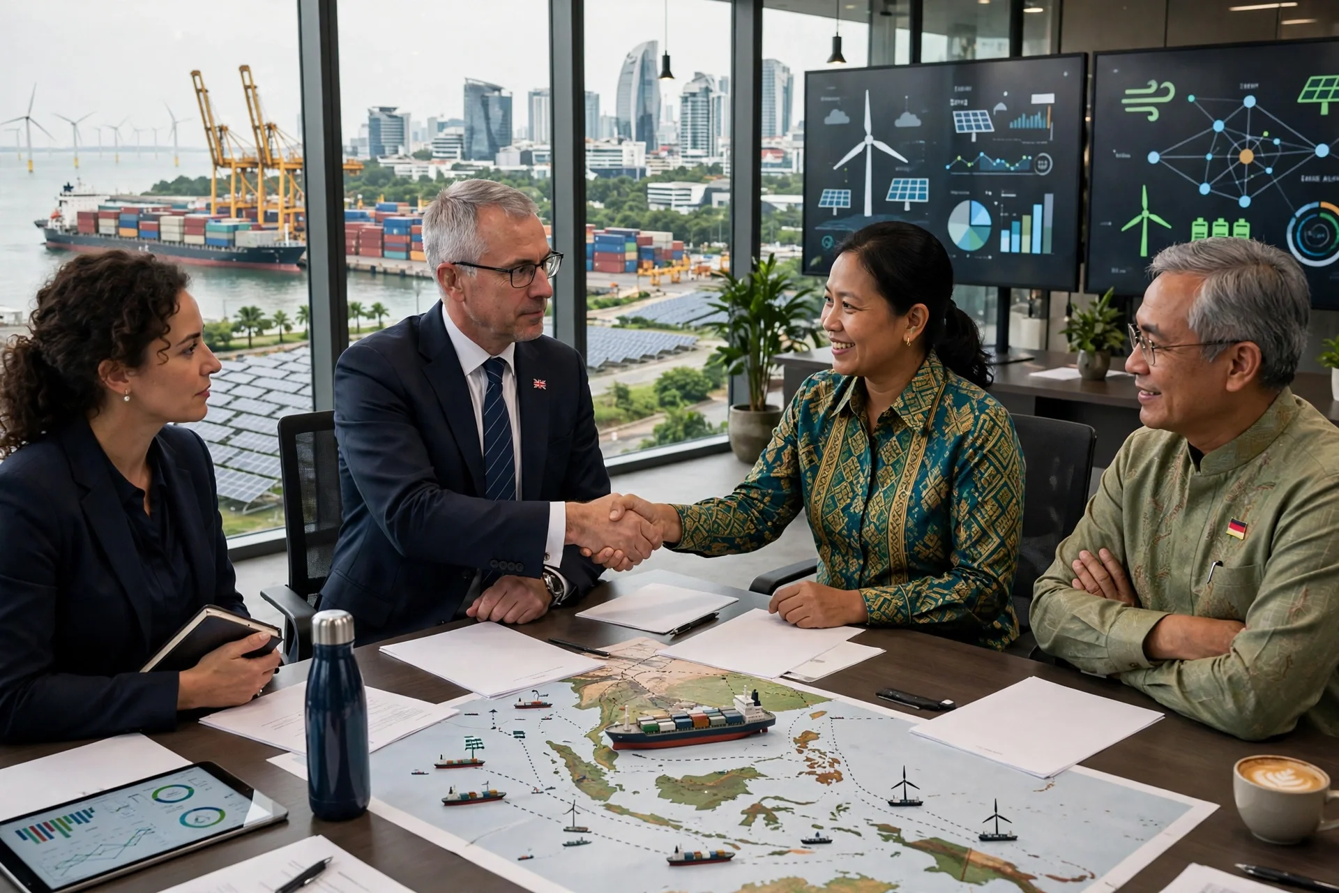 Representantes británicos y del Sudeste Asiático se dan la mano en una mesa con un mapa de rutas marítimas, un puerto y pantallas de energía verde al fondo