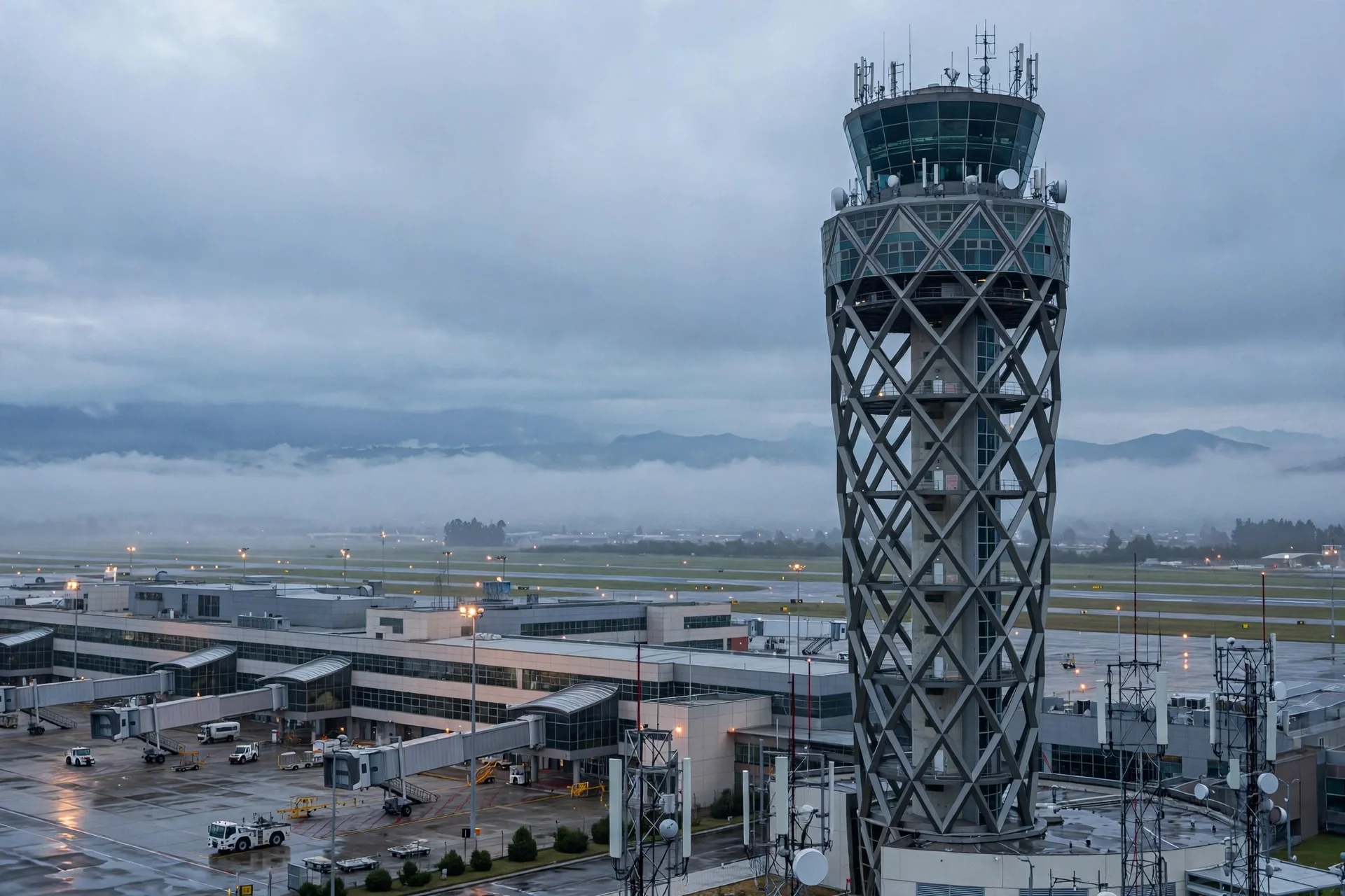 Torre de control de un aeropuerto colombiano al amanecer, con la terminal y las pistas bajo un cielo nublado