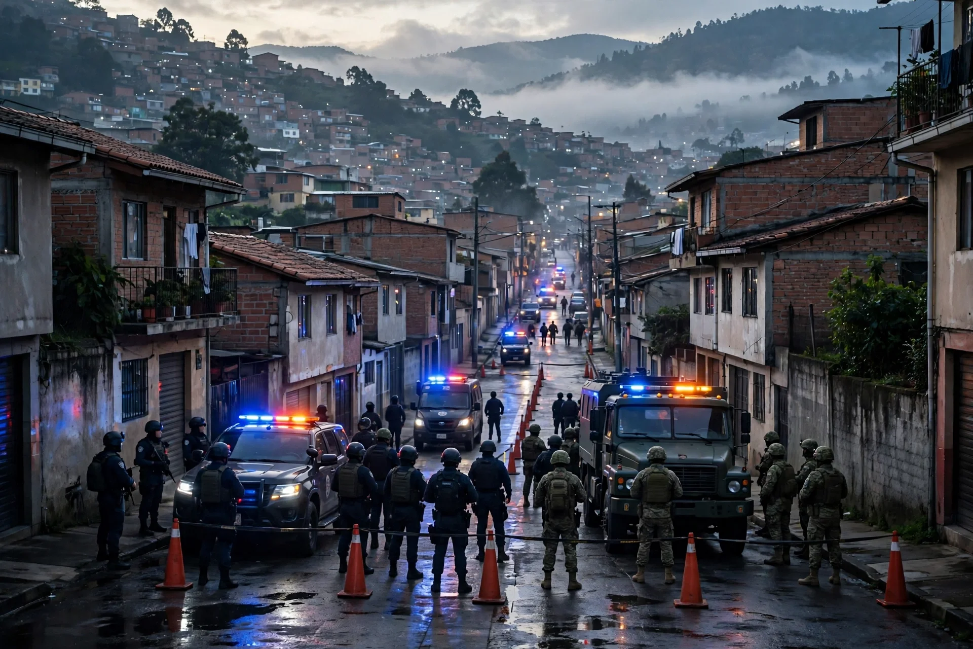 Operativo de seguridad al amanecer en una calle residencial de ladera en Bogotá, con vehículos policiales y militares