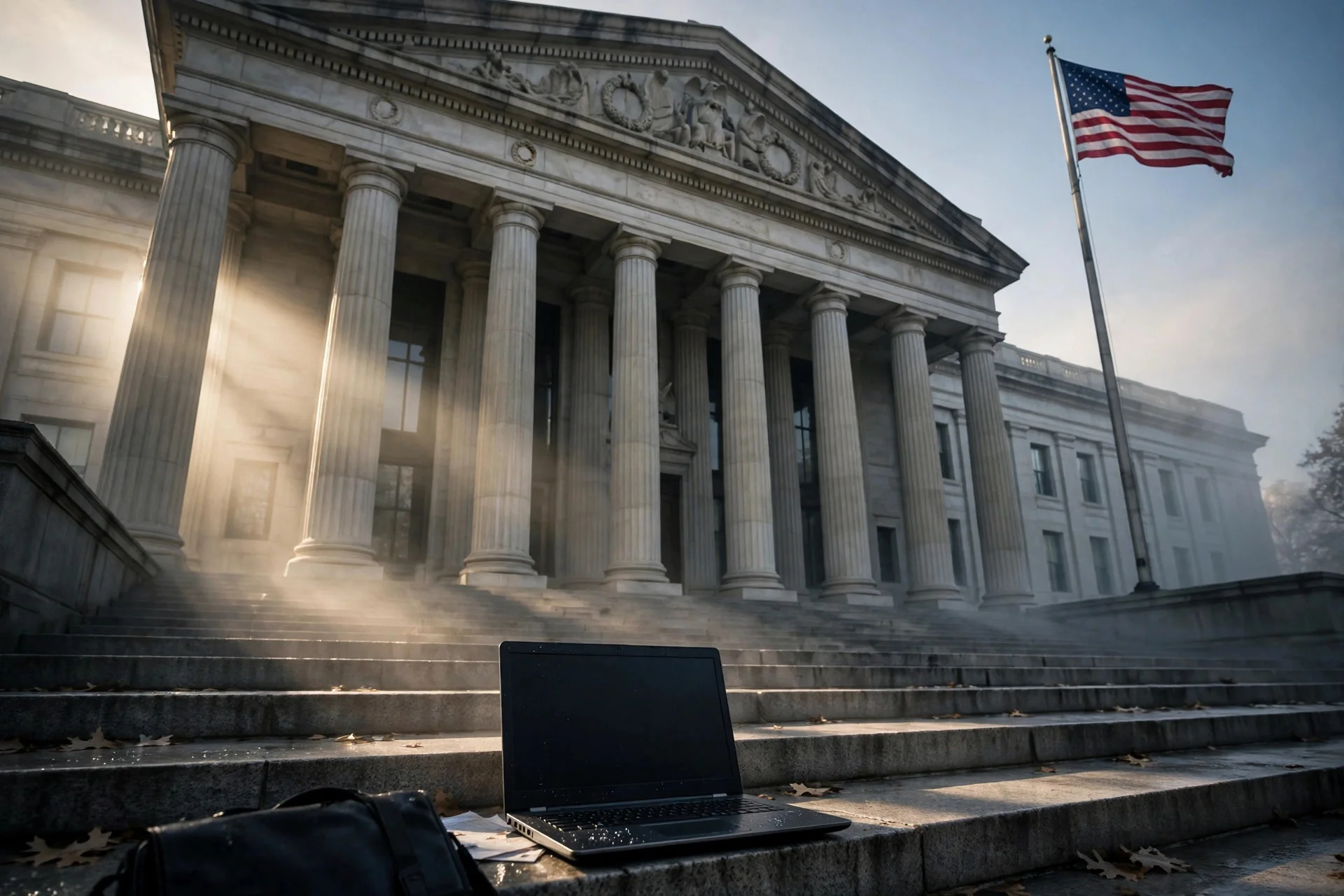 Fachada de un tribunal federal en Washington con una computadora portátil en la escalinata