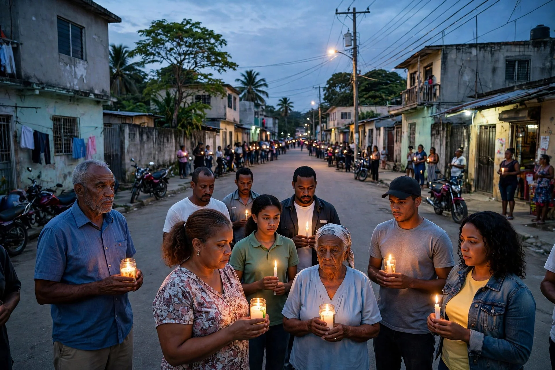 Vecinos de un barrio de Santo Domingo Oeste en una vigilia pacífica con velas en demanda de justicia