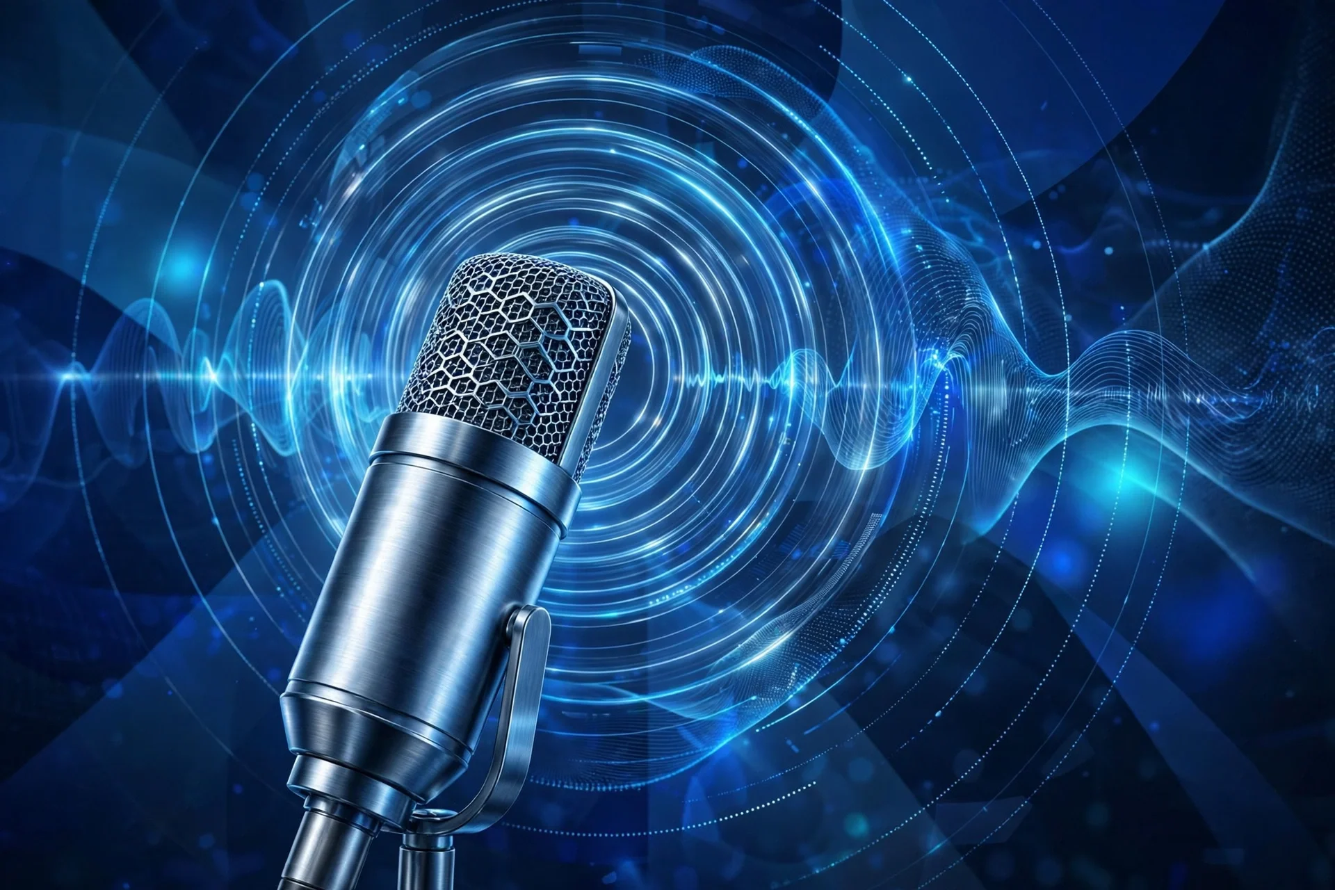 Micrófono de estudio con ondas de sonido en tonos azules, imagen ilustrativa sobre la voz registrada como marca frente a los deepfakes