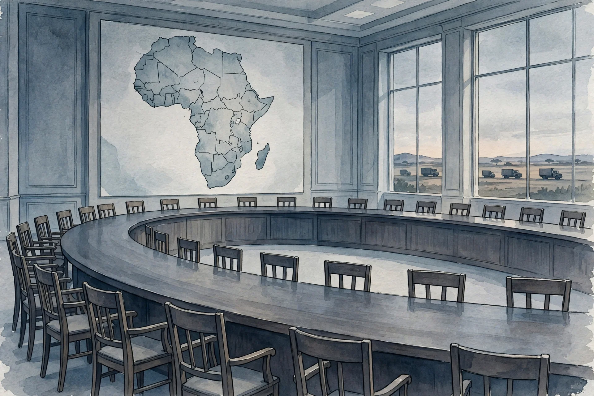 Ilustración sobria de una sala de consejo internacional con mesa curva vacía, un mapa de África al fondo y camiones de ayuda visibles por las ventanas