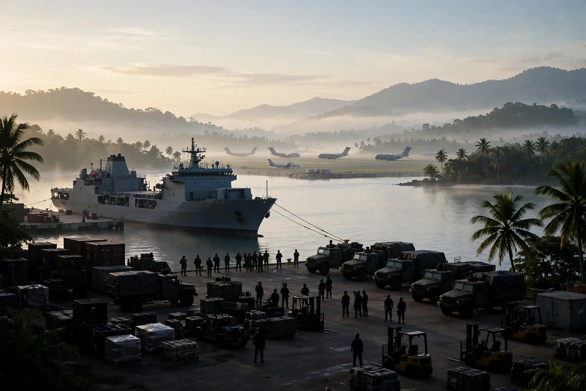 Puerto caribeño al amanecer con buque de transporte militar, camiones y suministros en el muelle