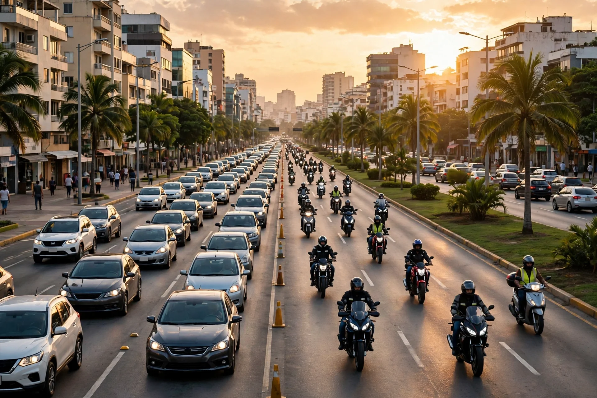 Avenida con automóviles y motociclistas con casco circulando al atardecer en una ciudad caribeña