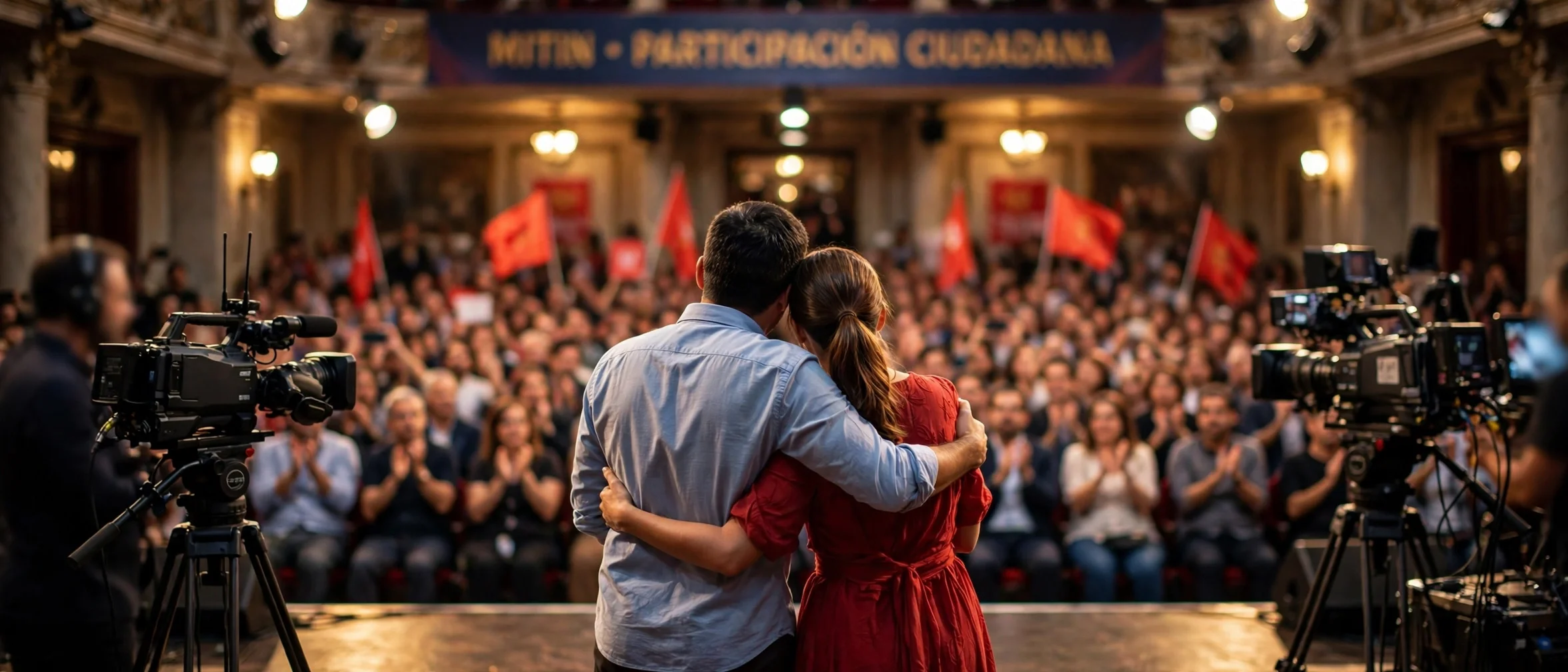 Una pareja se abraza de espaldas en el escenario de un mitin, frente a una multitud que aplaude, con cámaras de televisión a ambos lados y banderas rojas al fondo.
