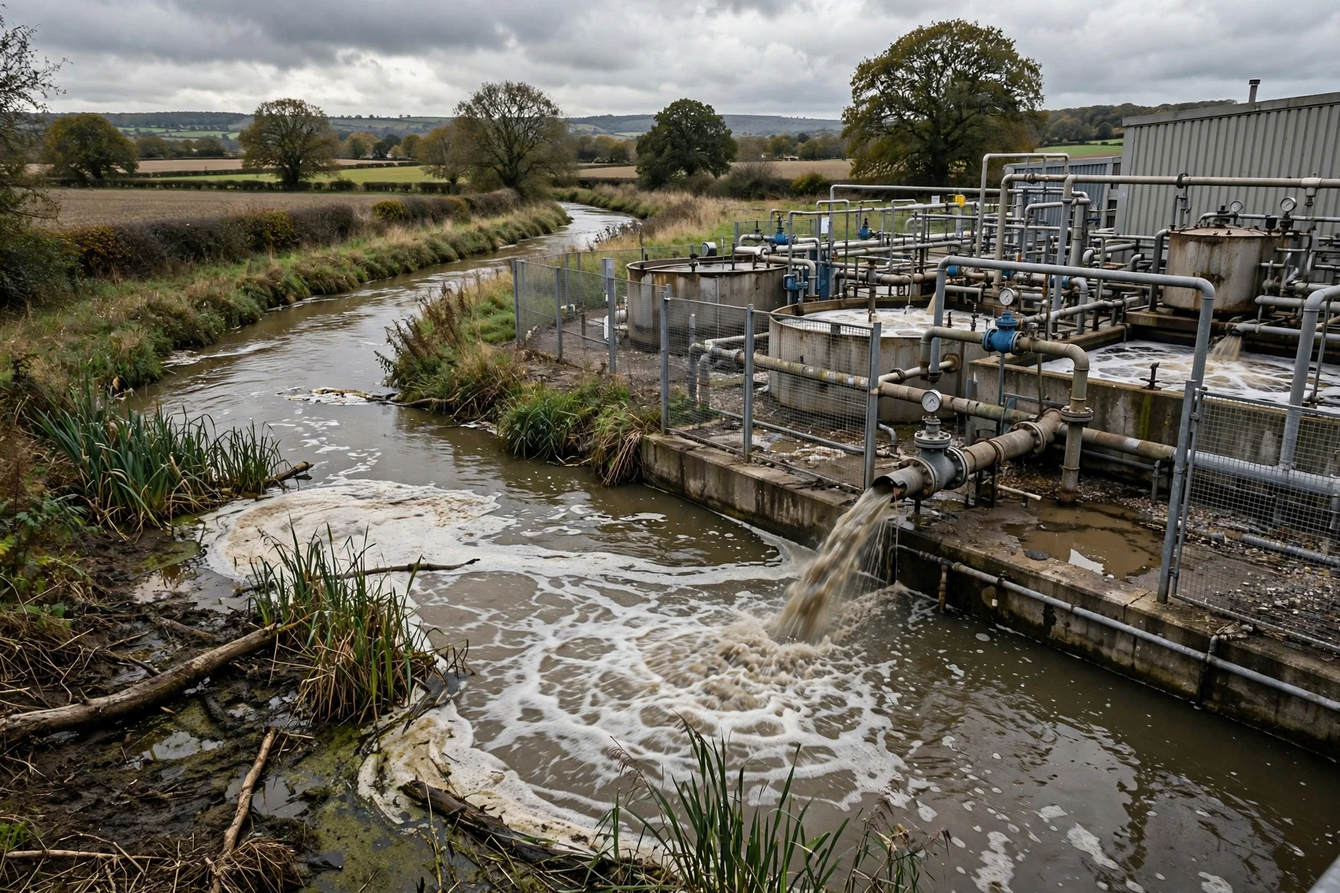 Planta de tratamiento de aguas junto a un río inglés en Essex, con un vertido de agua turbia entrando en el cauce bajo un cielo nublado