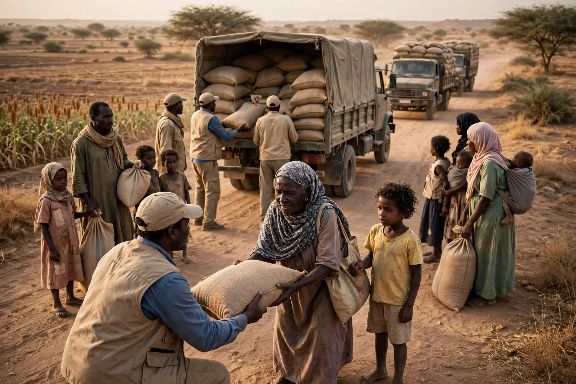 Convoy de ayuda humanitaria descargando sacos de grano para familias en una zona rural árida de Sudán