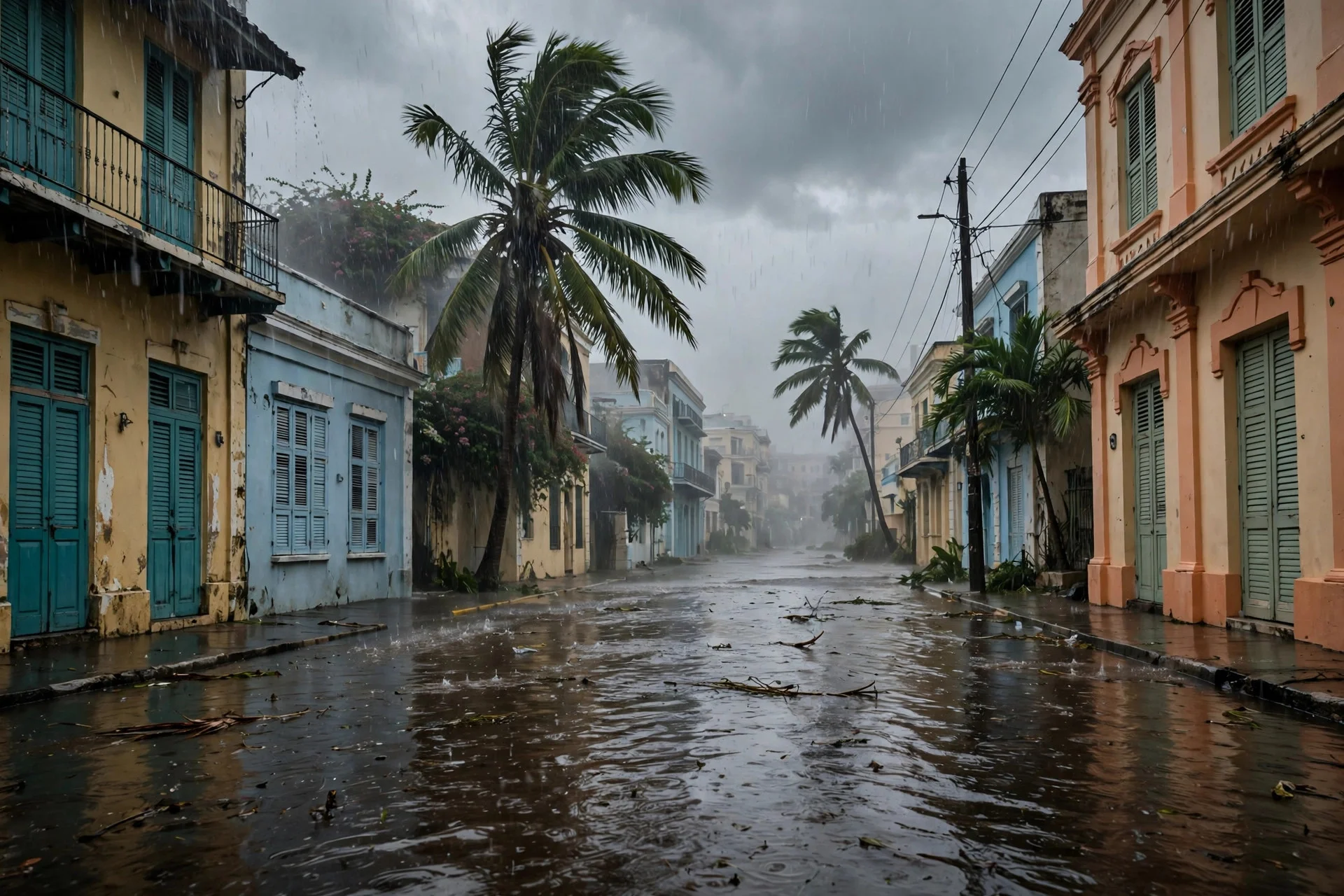 Lluvia intensa sobre una calle caribeña inundada, con palmeras inclinadas bajo un cielo gris y edificios de colores a ambos lados