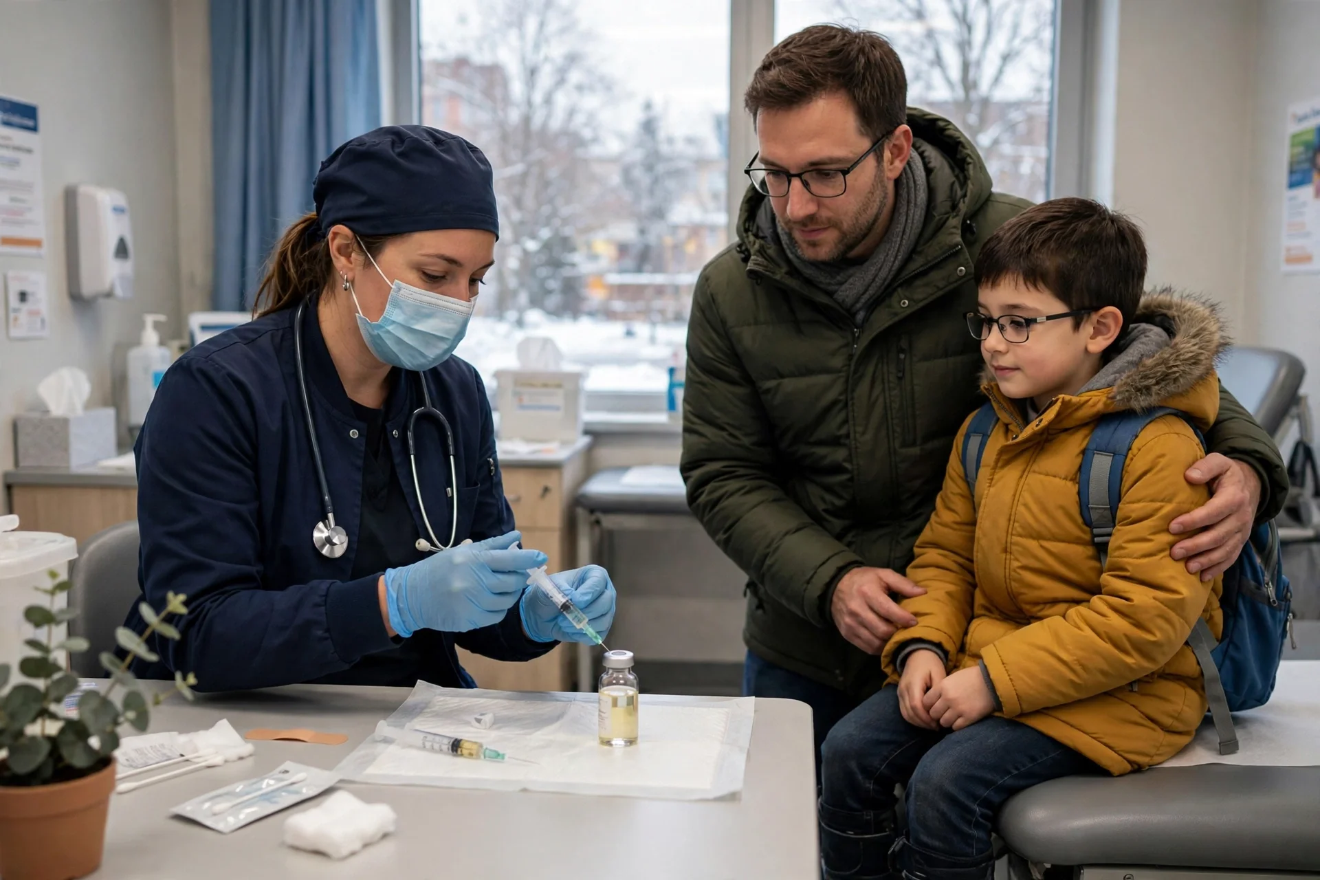 Profesional sanitaria con mascarilla y guantes prepara una jeringa desde un vial sobre una mesa clínica, mientras un padre acompaña a un niño con abrigo de invierno y mochila sentado junto a él