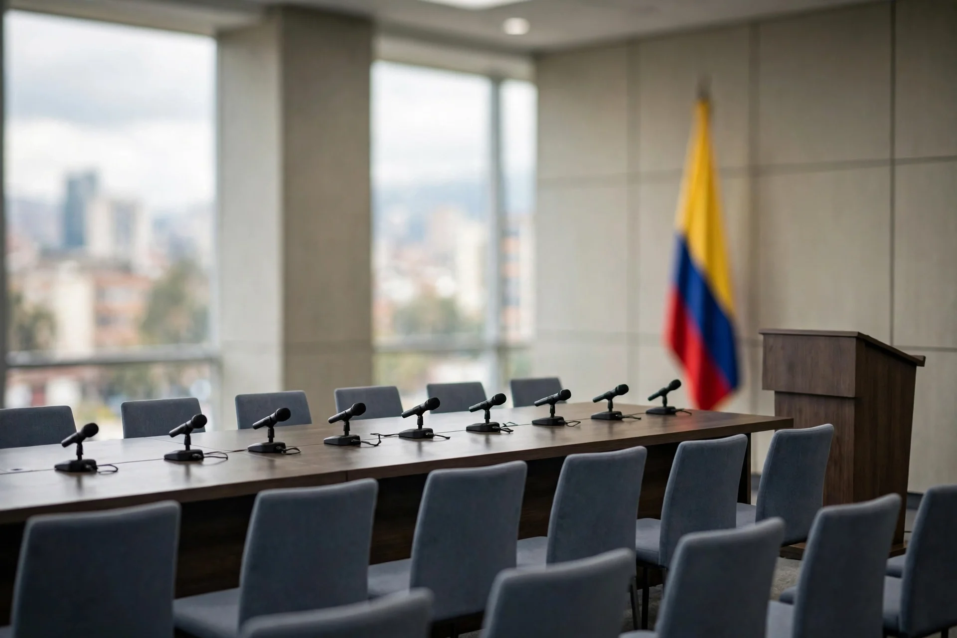 Sala de prensa institucional vacía con mesa larga, micrófonos de mesa, sillas, atril de madera y bandera de Colombia desenfocada al fondo, sin personas ni texto