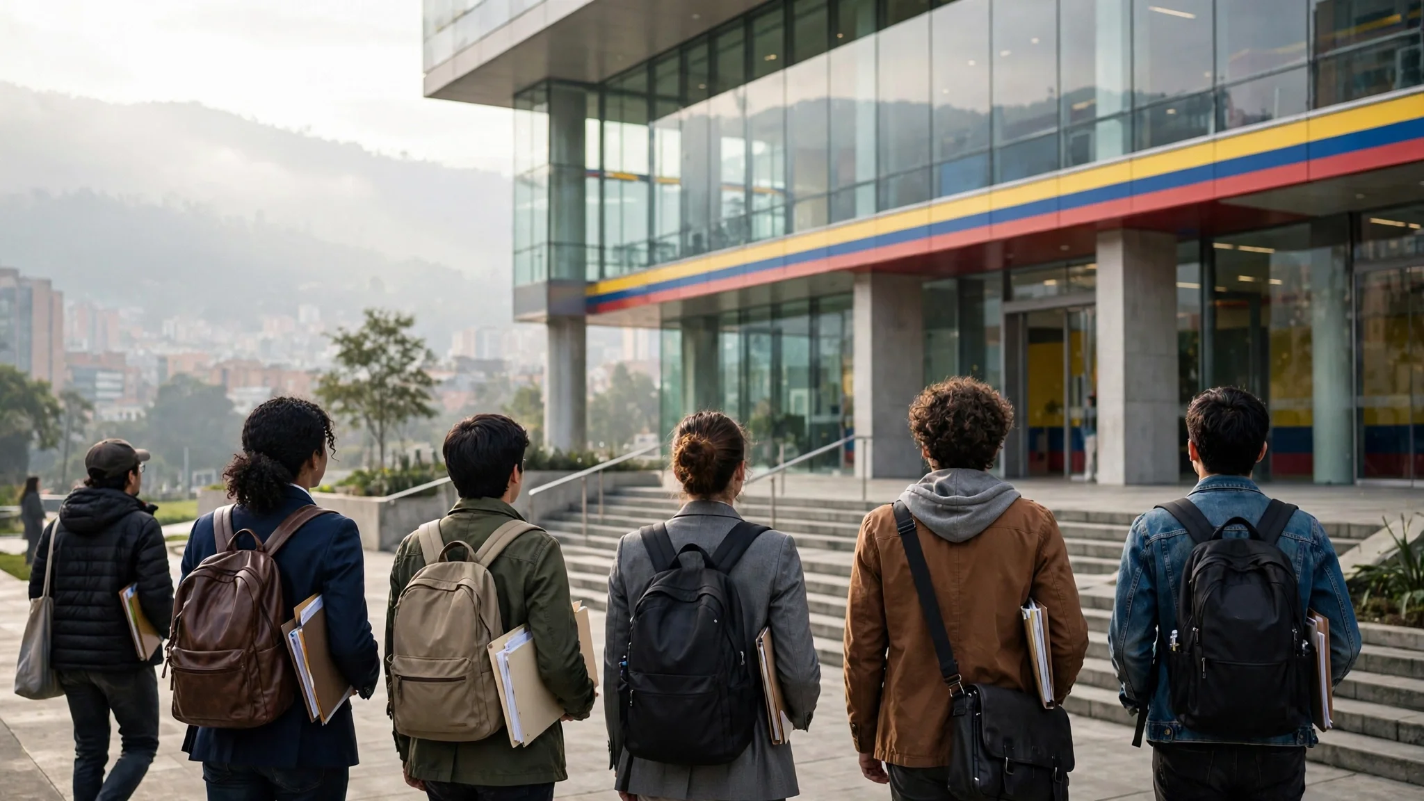 Profesionales jóvenes de espaldas, con carpetas y hojas de vida, frente a la entrada de un edificio moderno de gobierno con la franja tricolor colombiana.