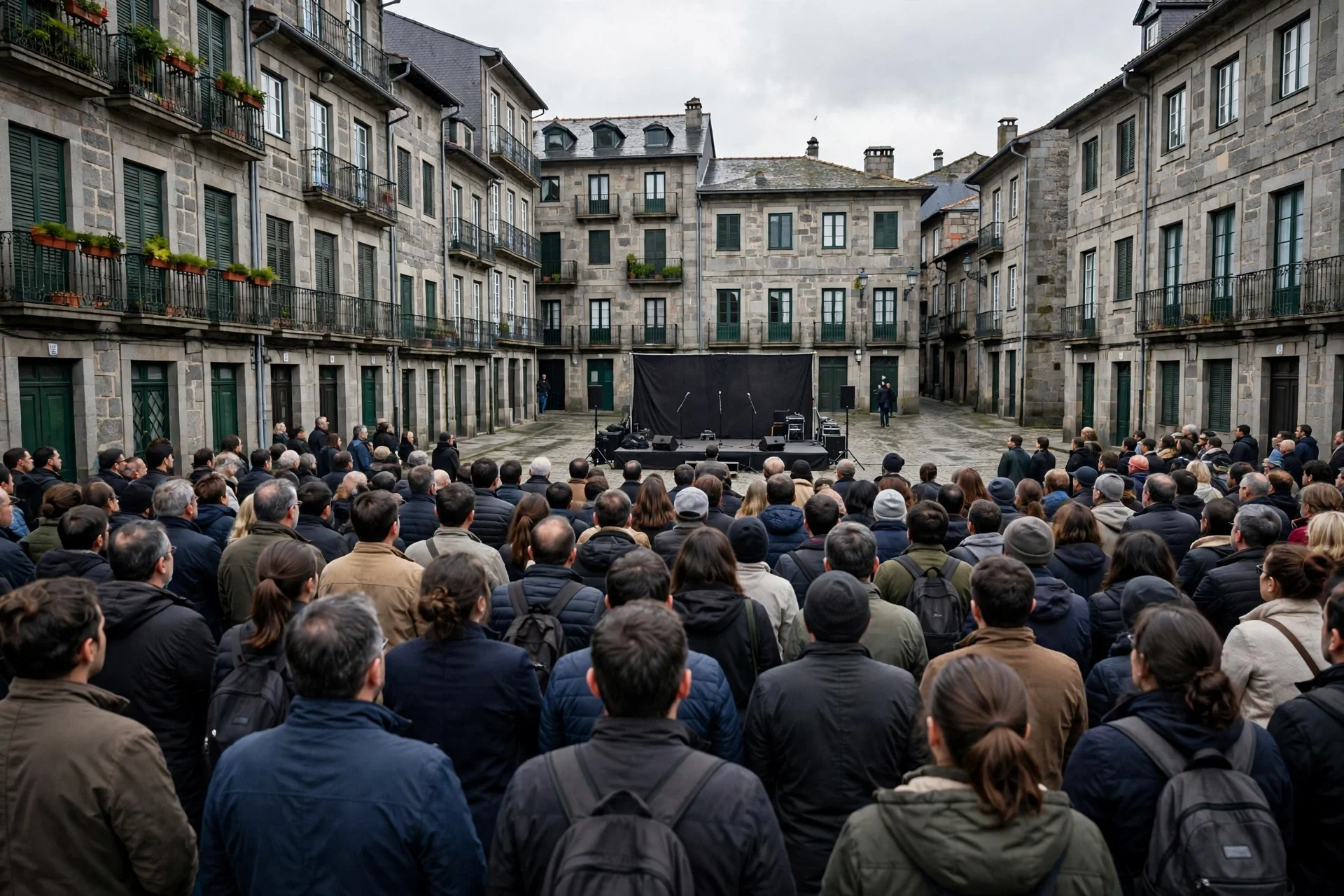 Plaza gallega de piedra con un acto político sobrio y público visto de espaldas frente a un escenario sencillo