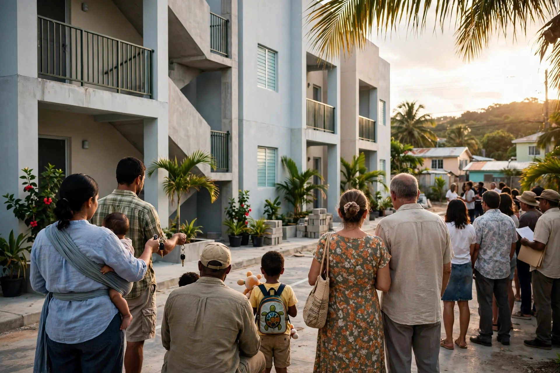 Residencial nuevo de apartamentos en un barrio caribeño durante una entrega de viviendas a familias