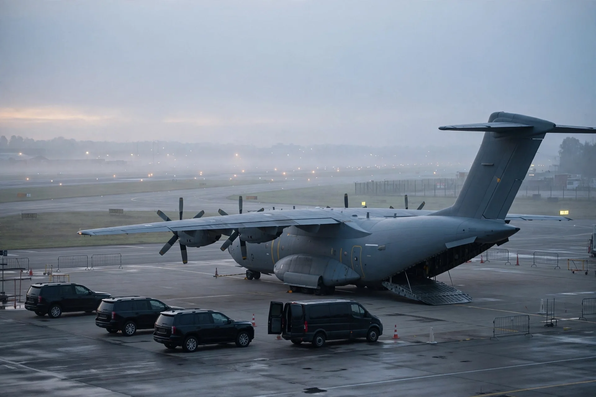 Avión de transporte en pista al amanecer con vehículos oficiales, en un operativo sobrio sin personas identificables