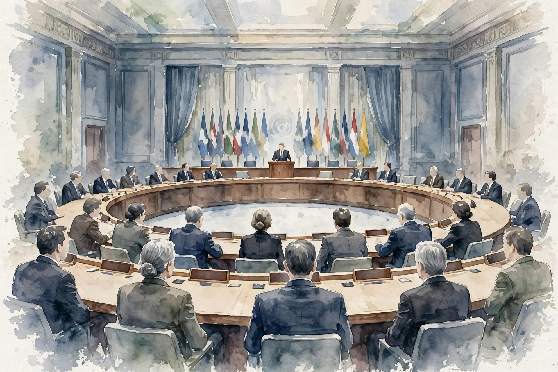 Ilustración editorial en acuarela de una sala de consejo internacional con mesa circular, delegados de espaldas y un orador al fondo entre banderas