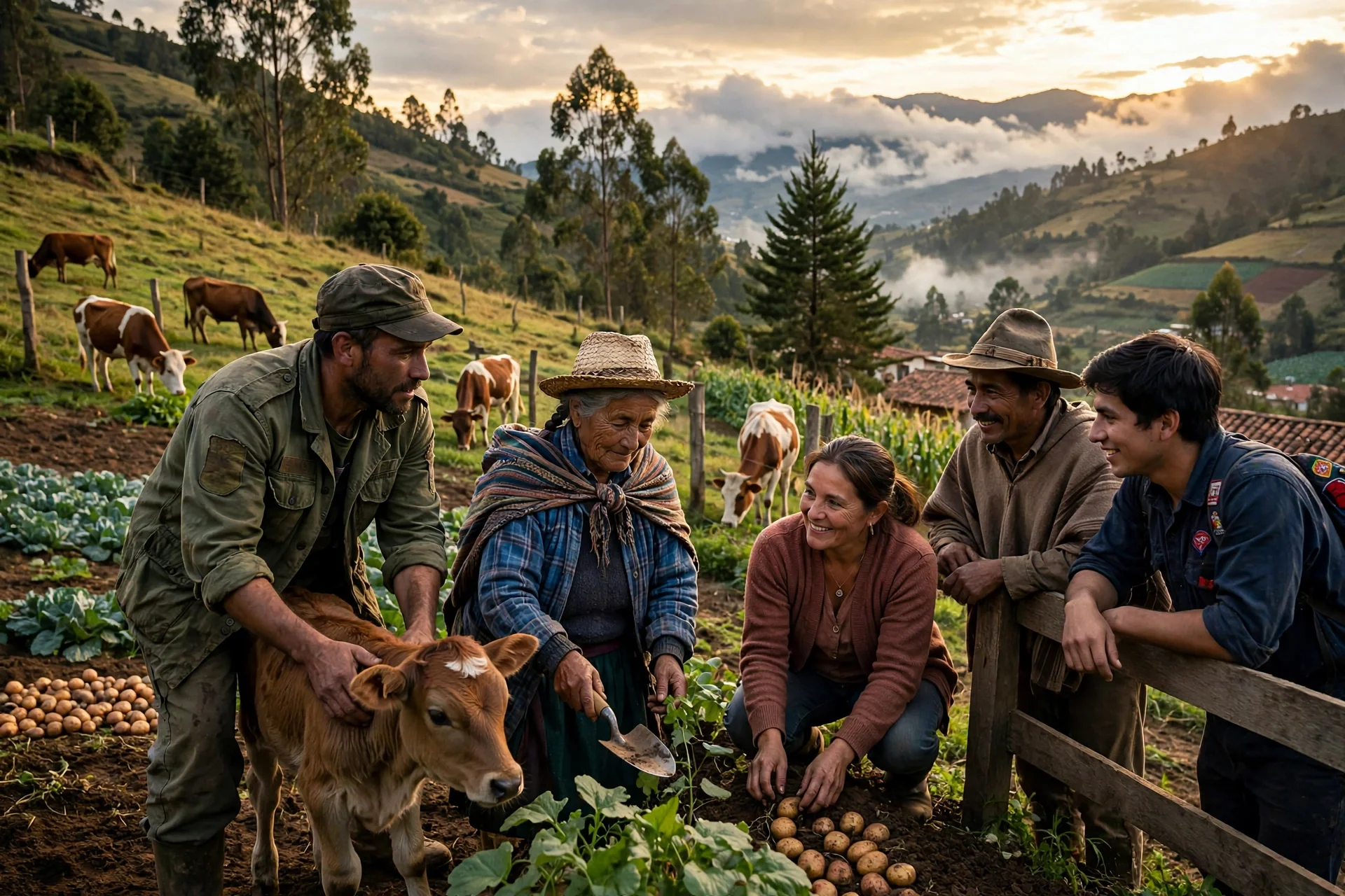 Campesinos y excombatientes trabajan juntos en una granja de montaña en Colombia, entre cultivos de papa y ganado al atardecer