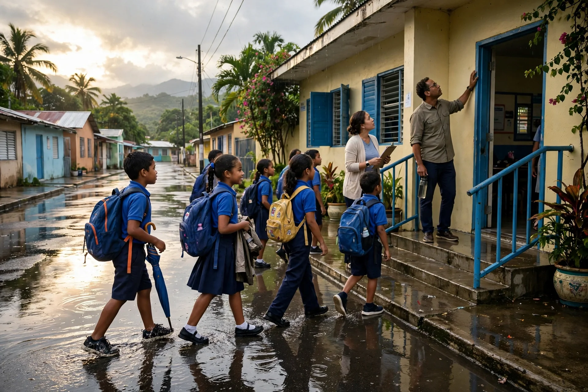 Escolares con uniforme azul caminan sobre una calle mojada hacia la entrada de su escuela mientras el personal revisa el edificio tras las lluvias