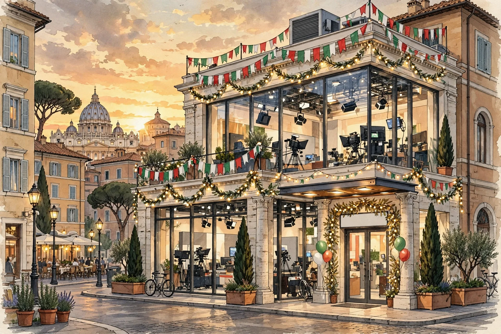 Ilustración editorial de un estudio de televisión nuevo y luminoso en Roma al atardecer, con fachada celebrativa y ambiente festivo sin texto