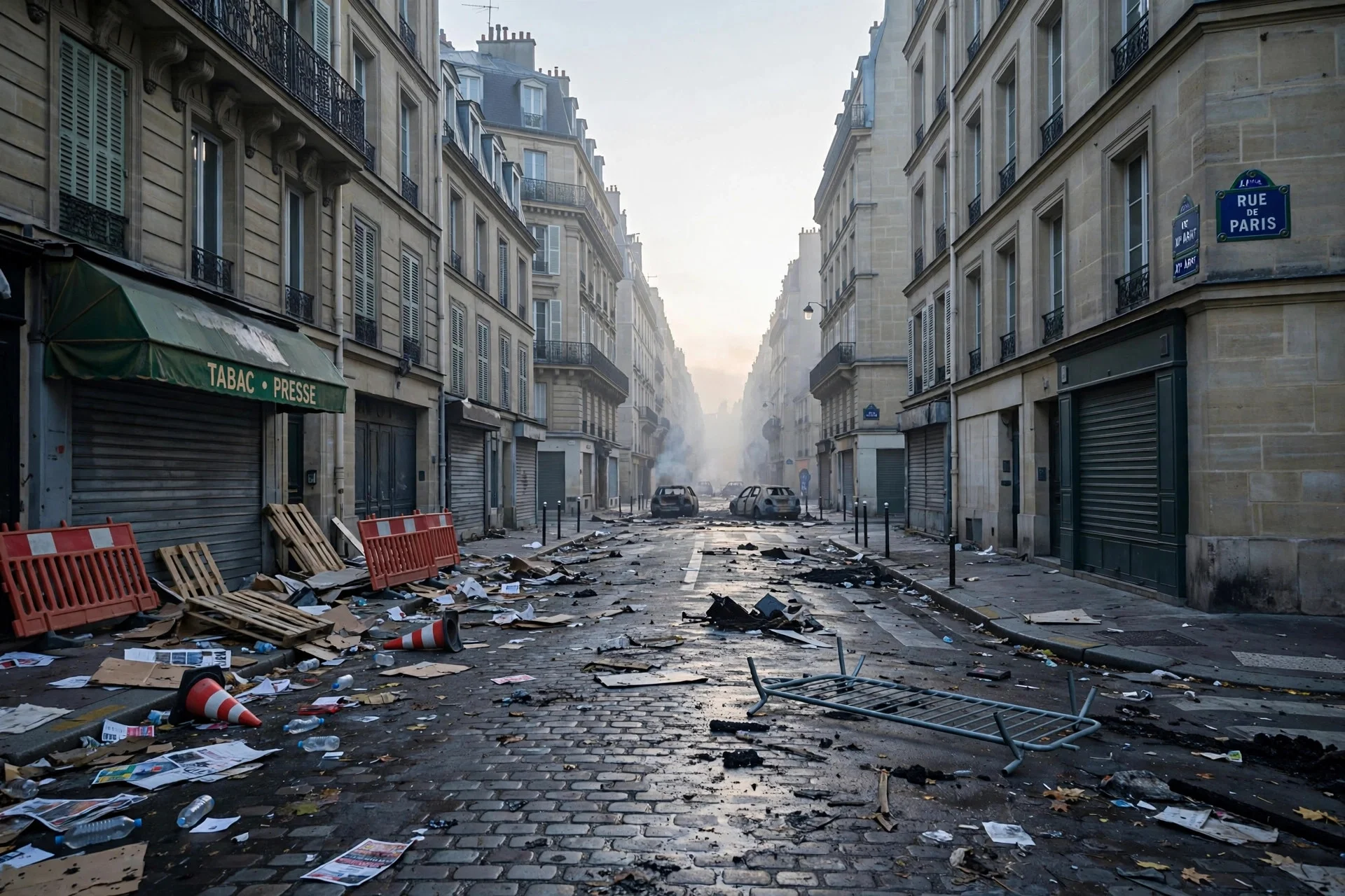Calle de París al amanecer con restos de una protesta y coches dañados a lo lejos.