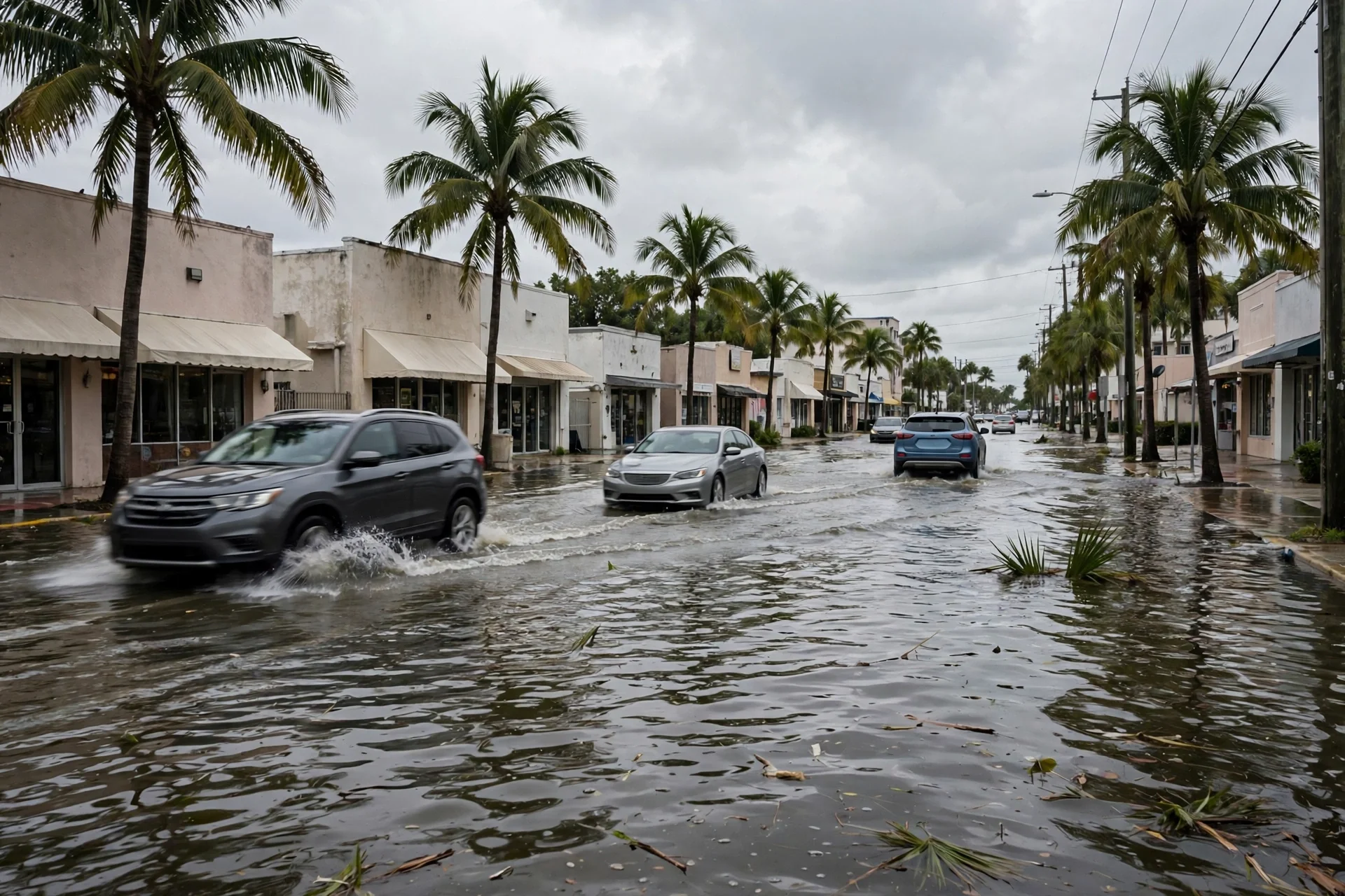 Calle urbana anegada en el sur de Florida con palmeras y vehículos circulando sobre el agua